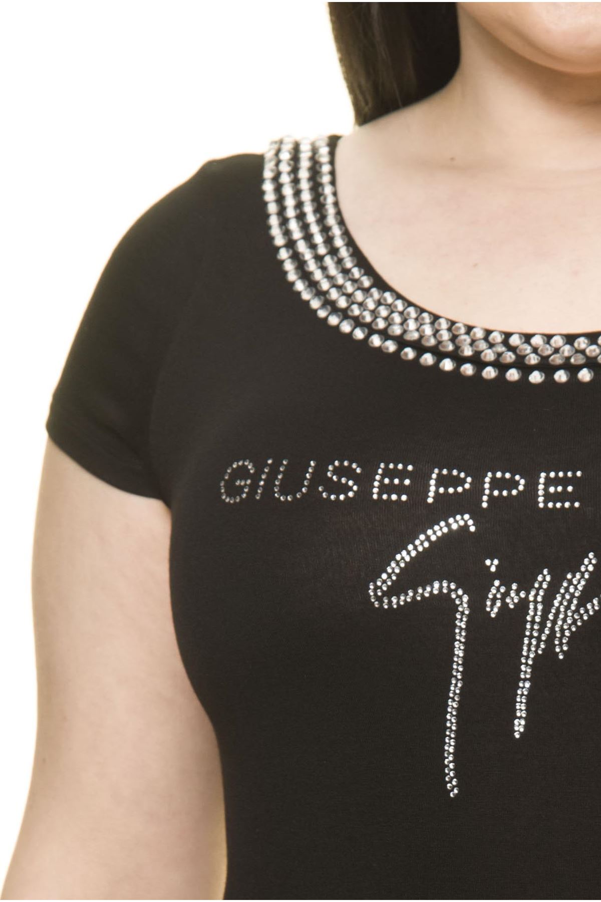 Kadın Büyük Beden Yazlık Kısa Kol Siyah Taş İşlemeli Body Bluz 17C-3005