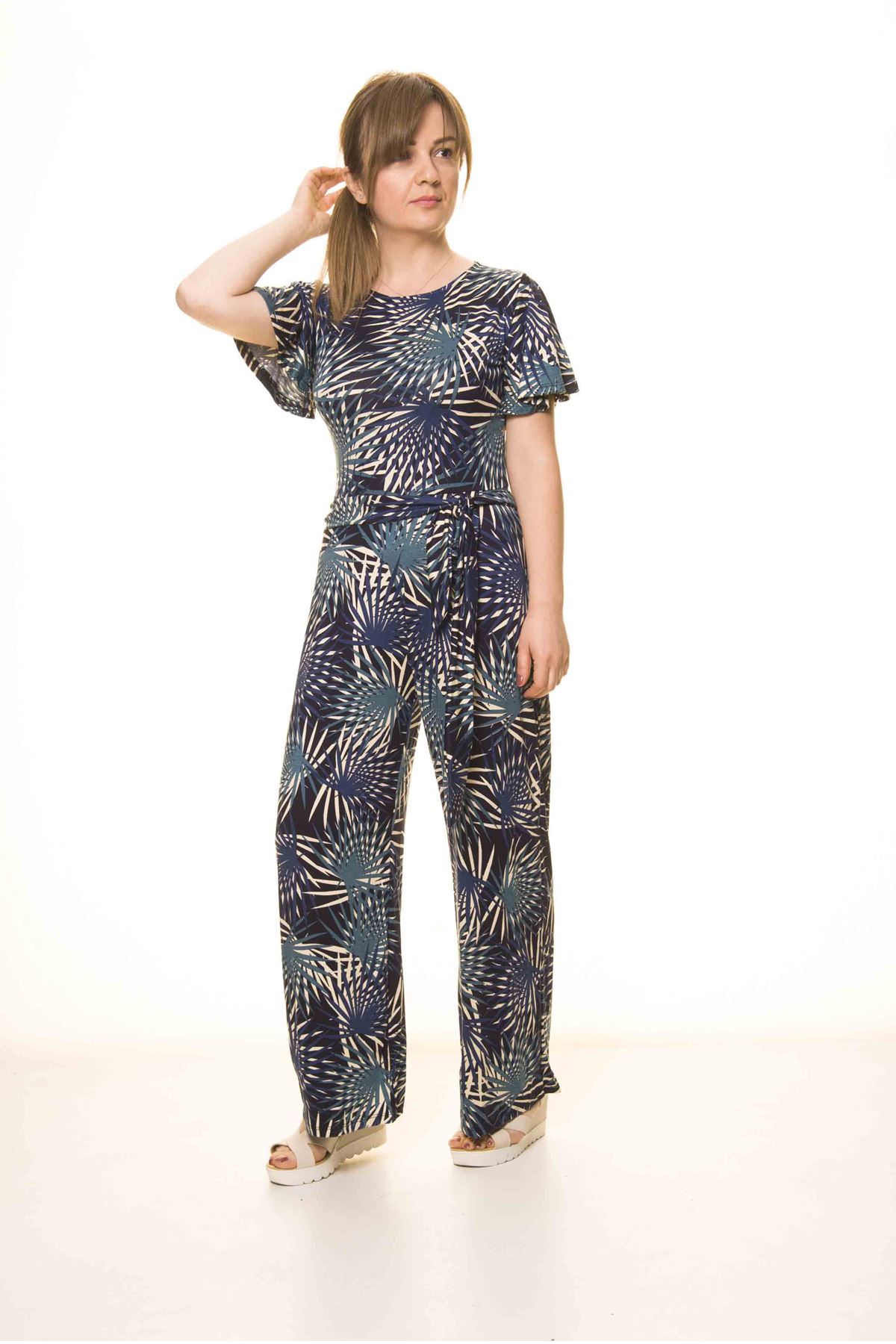 Kadın Yazlık Desenli Lacivert Esnek Tulum 17C-1991M