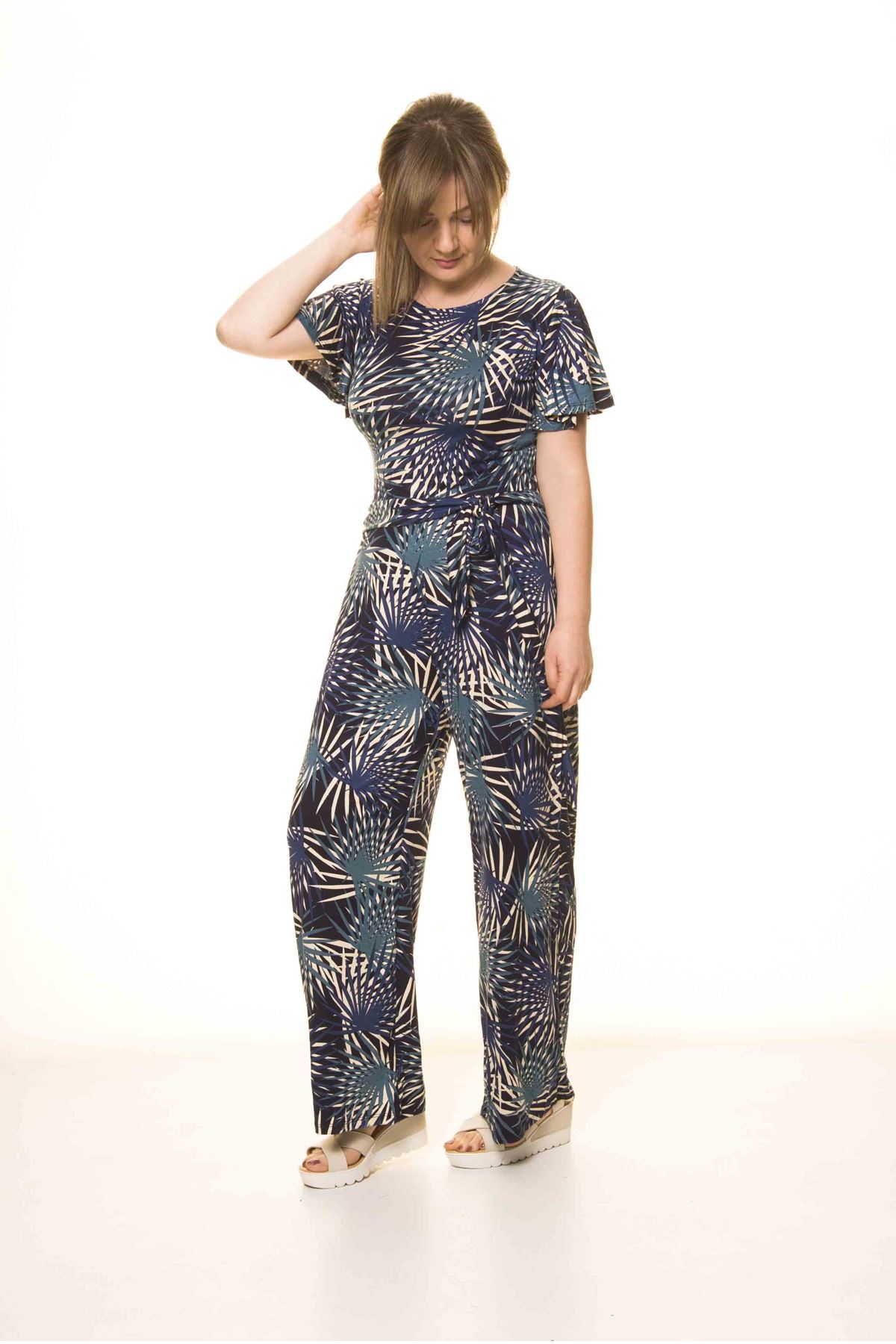 Kadın Yazlık Desenli Lacivert Esnek Tulum 17C-1991M