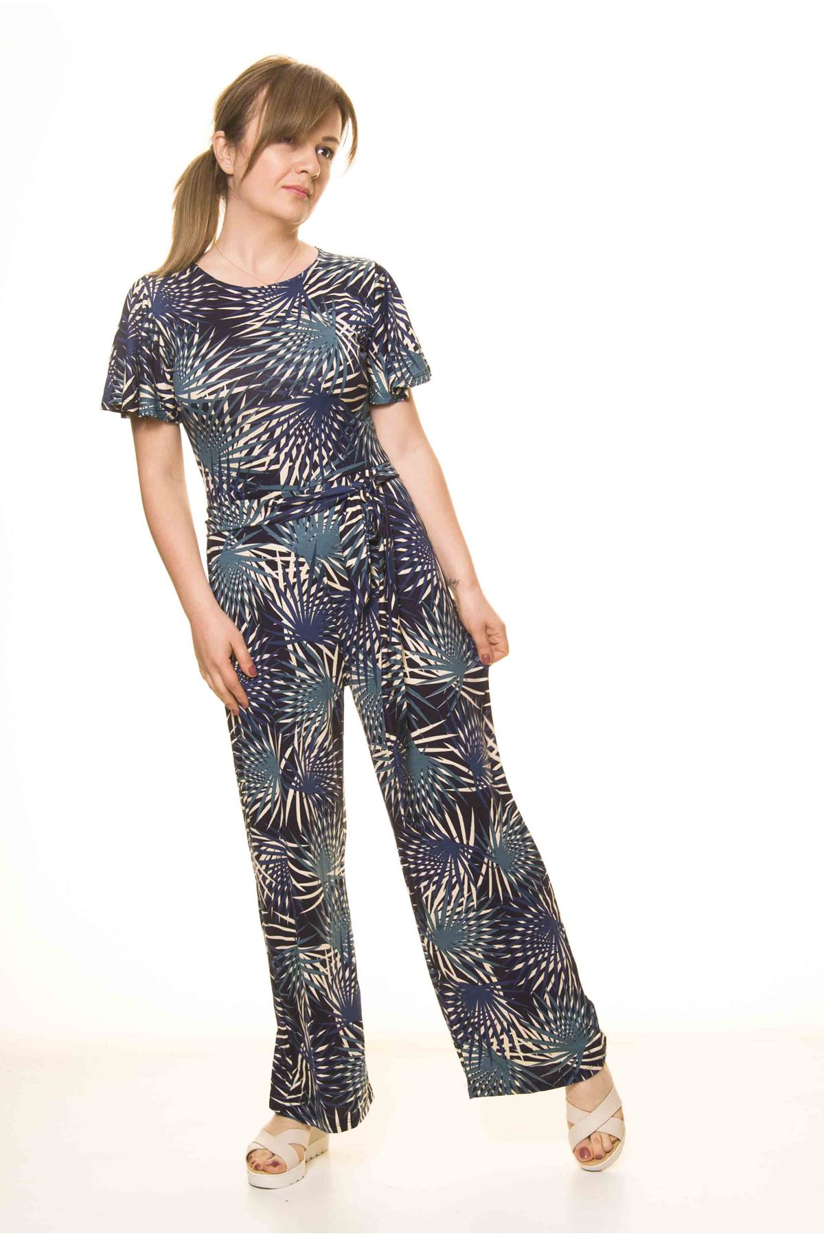 Kadın Yazlık Desenli Lacivert Esnek Tulum 17C-1991M