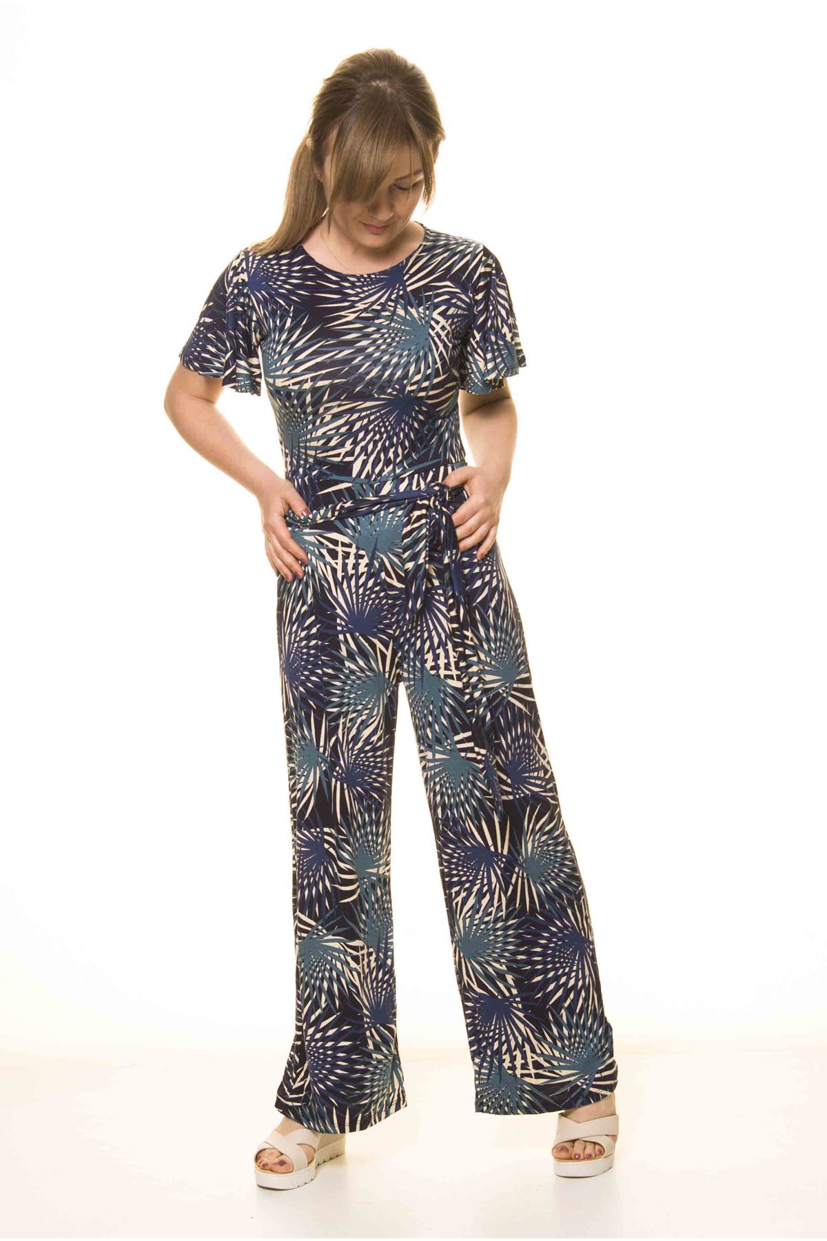 Kadın Yazlık Desenli Lacivert Esnek Tulum 17C-1991M