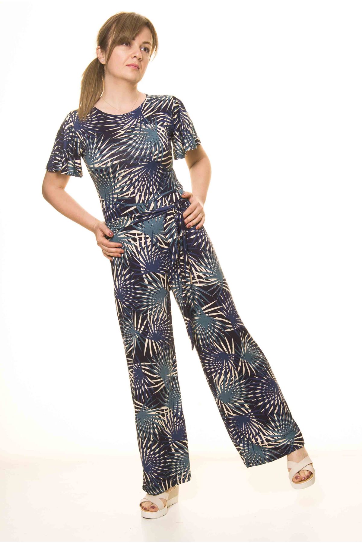 Kadın Yazlık Desenli Lacivert Esnek Tulum 17C-1991M