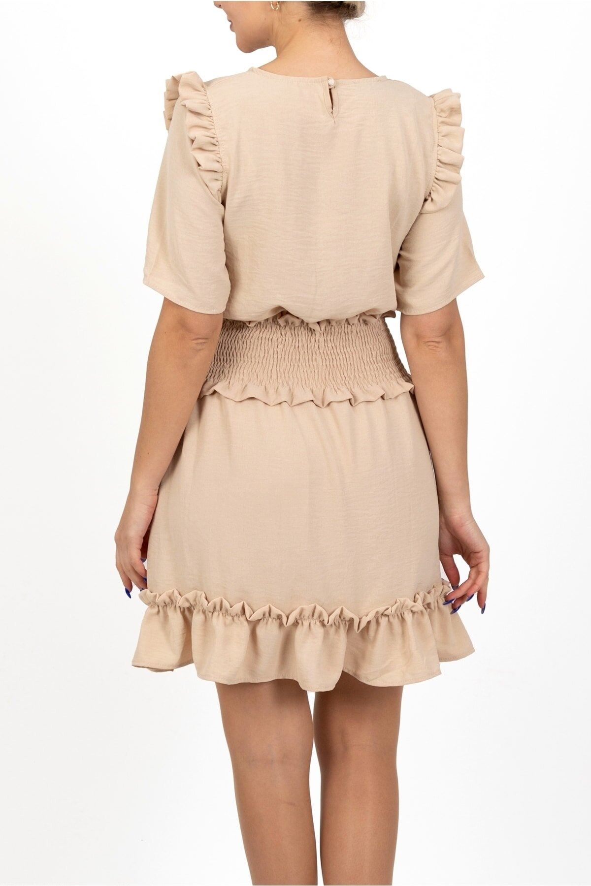 Kadın Yazlık Aerobin Kumaş Beli Gipeli Kısa Kollu Bej Mini Elbise 12A-5060