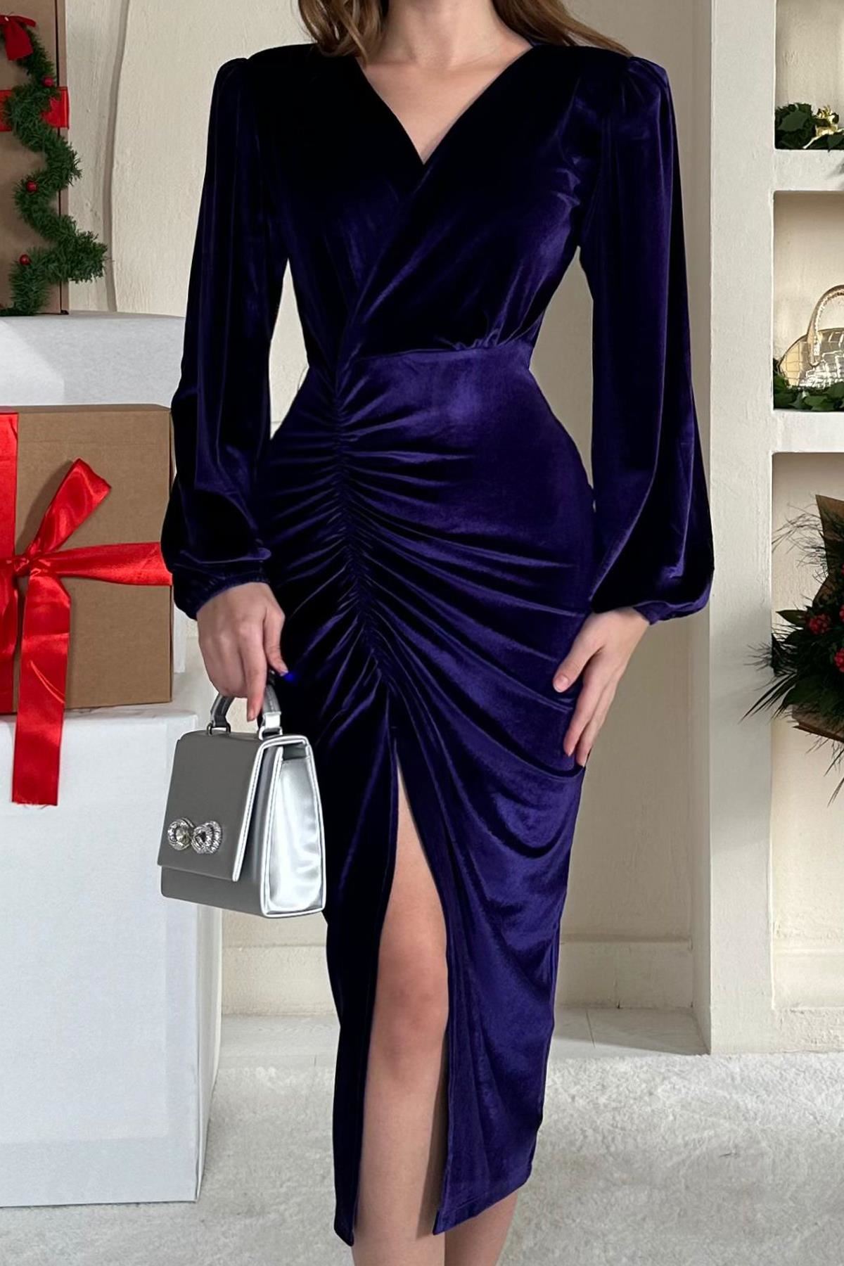 Kadın Mor Kadife Vatkalı  Uzun Kol Drapeli Yırtmaçlı Midi Elbise 2F-6542