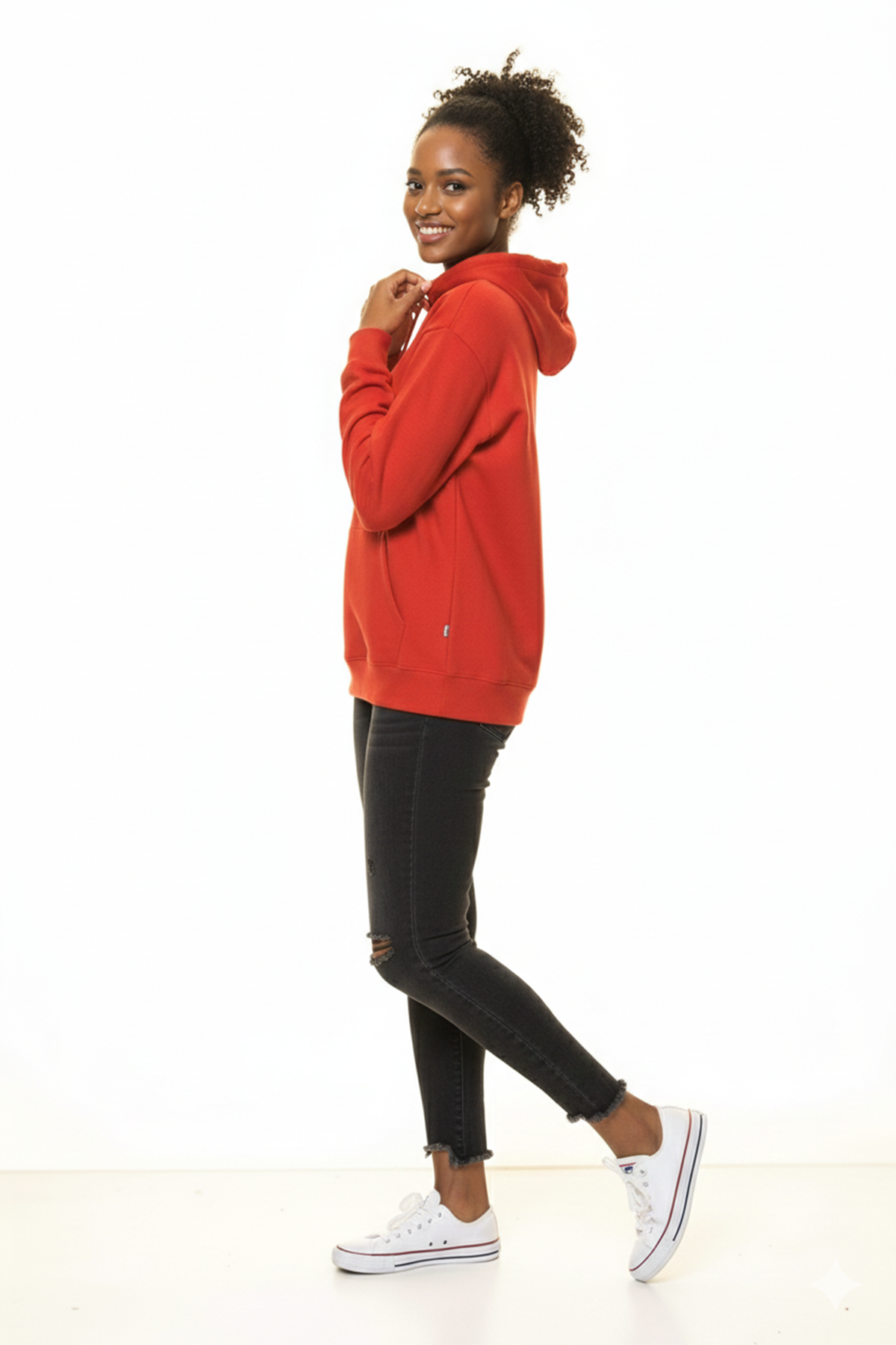 Kırmızı Kanguru Cep Kapüşonlu Boyfriend  Sweatshirt 4D-3100