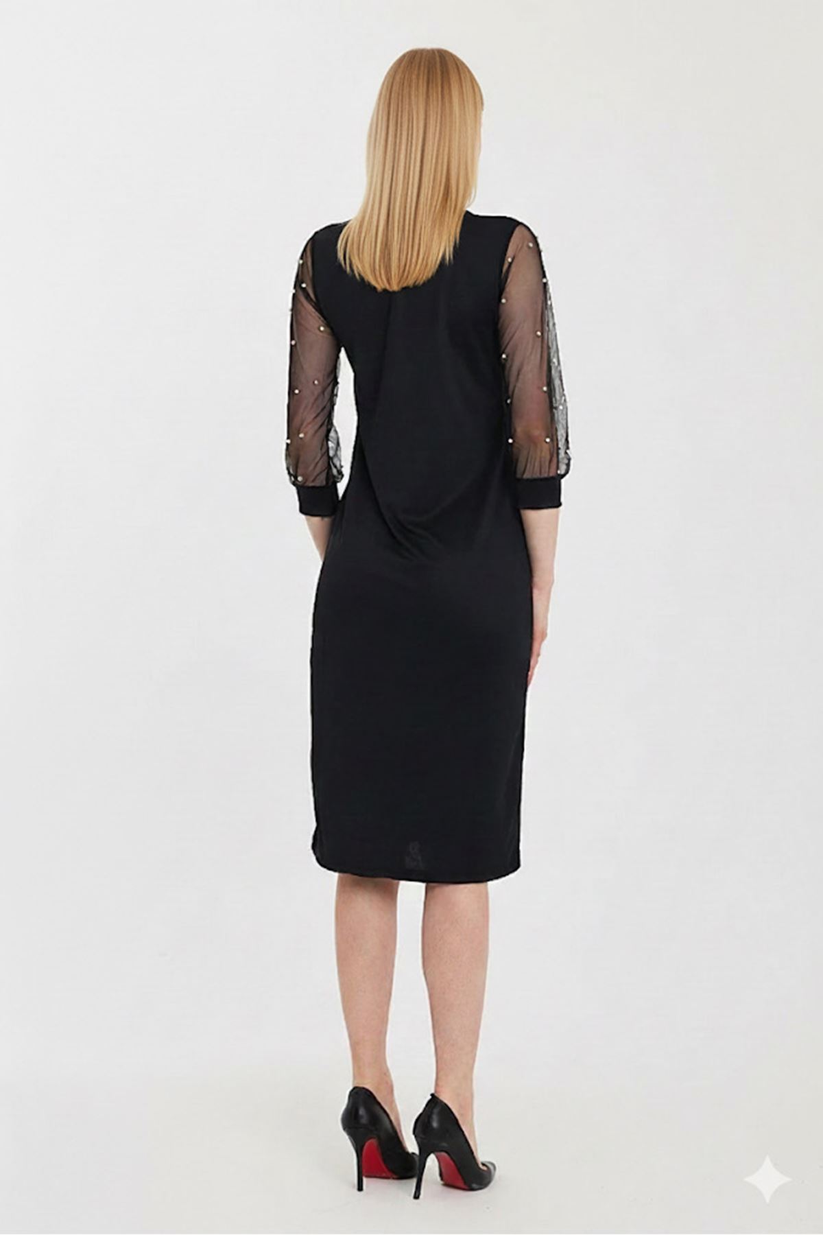 Kadın Düz Siyah Kolları Tül İncili Zarif  Midi Elbise 10D-1098