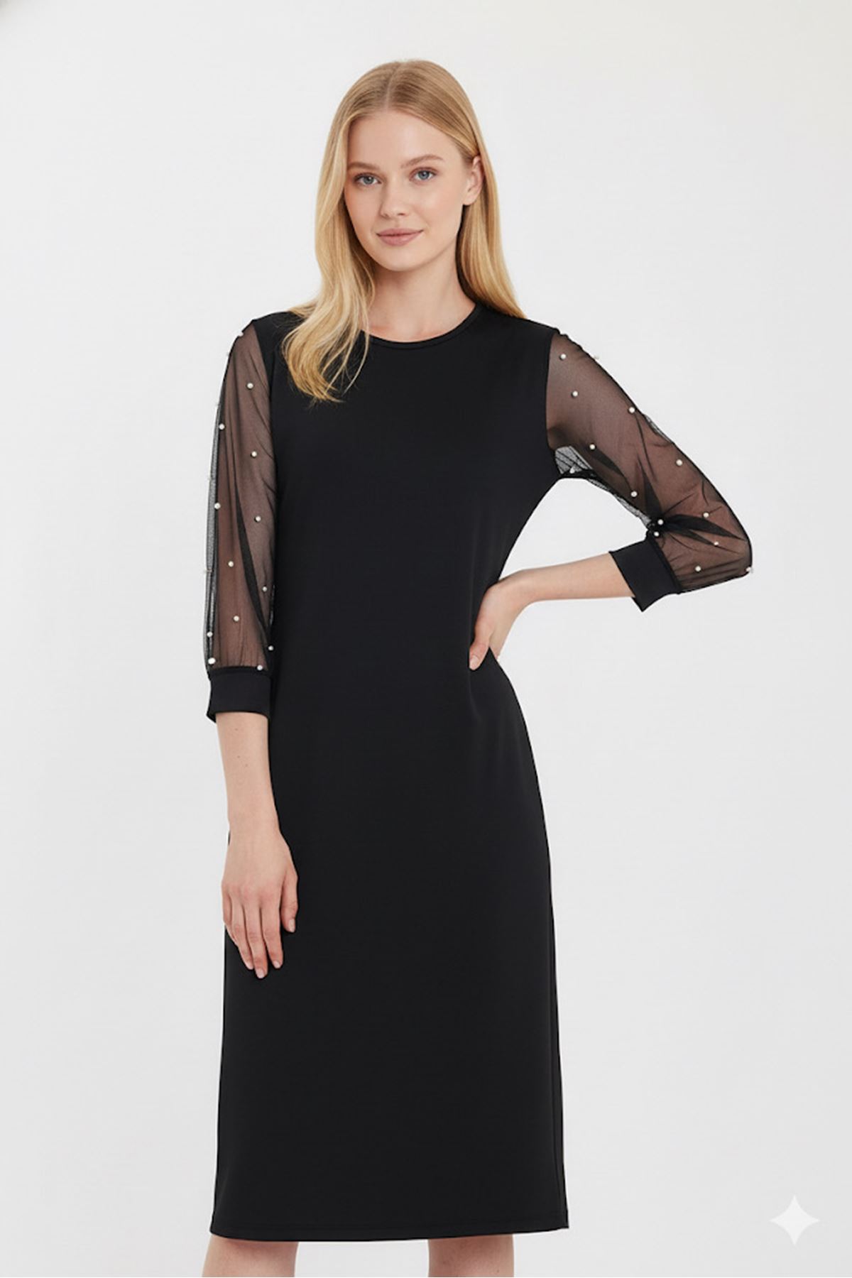 Kadın Düz Siyah Kolları Tül İncili Zarif  Midi Elbise 10D-1098