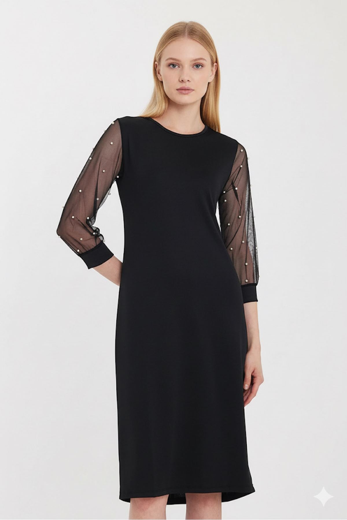 Kadın Düz Siyah Kolları Tül İncili Zarif  Midi Elbise 10D-1098