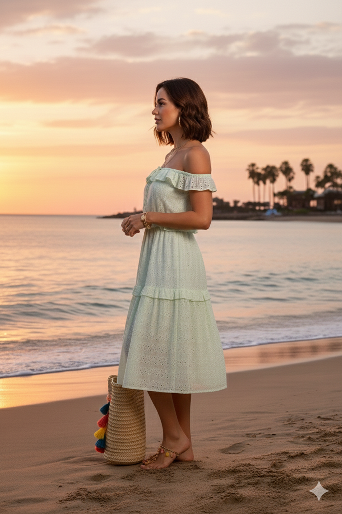 Kadın Açık Yeşil Fisto Brode Astarlı Midi Boy Dokuma Yazlık Elbise 11C-5045Y