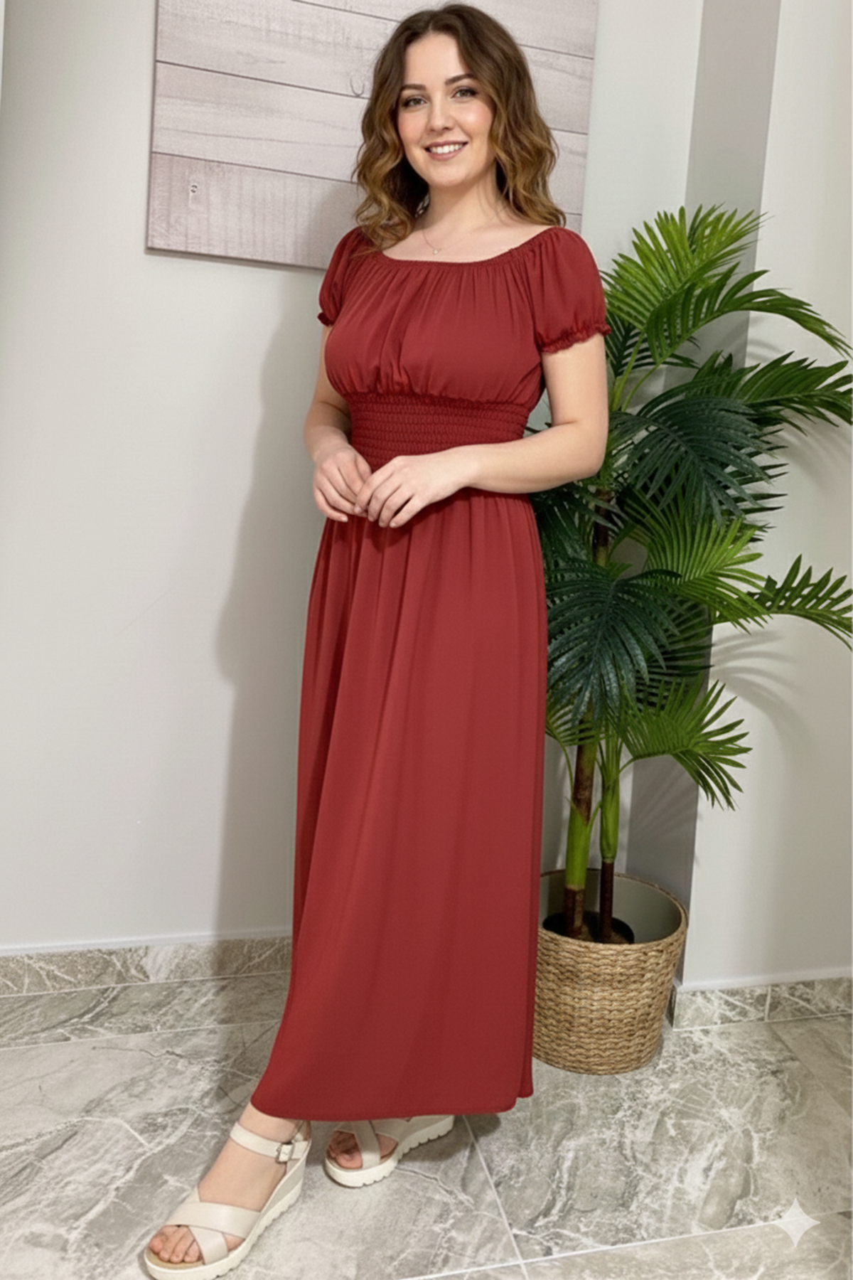 Kadın Madonna Yaka Uzun Kiremit Gipeli Yazlık Elbise 12K-2132