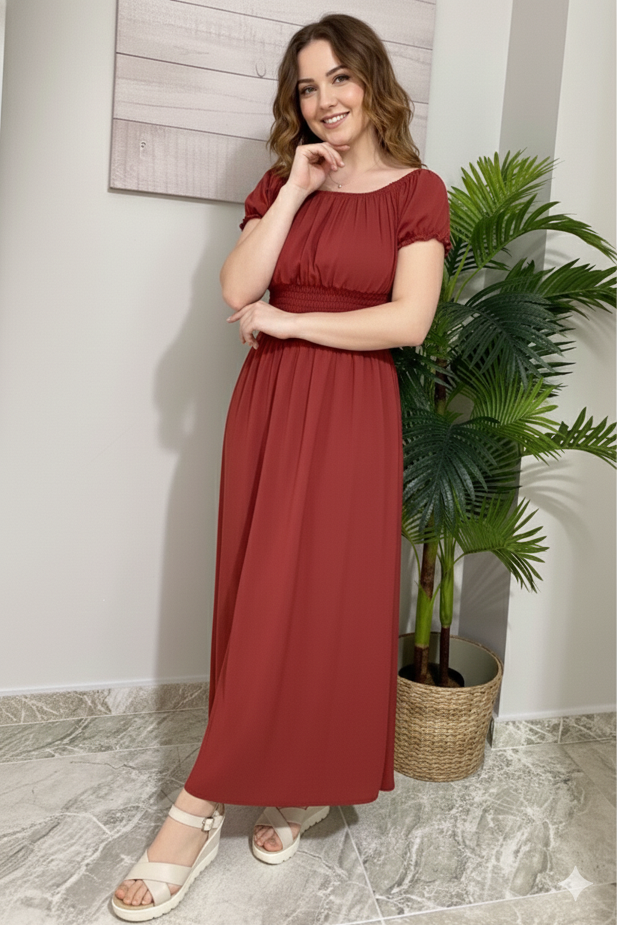 Kadın Madonna Yaka Uzun Kiremit Gipeli Yazlık Elbise 12K-2132