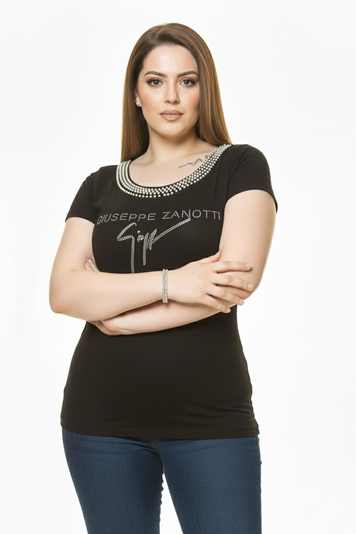 Kadın Büyük Beden Yazlık Kısa Kol Siyah Taş İşlemeli Body 17C-3005