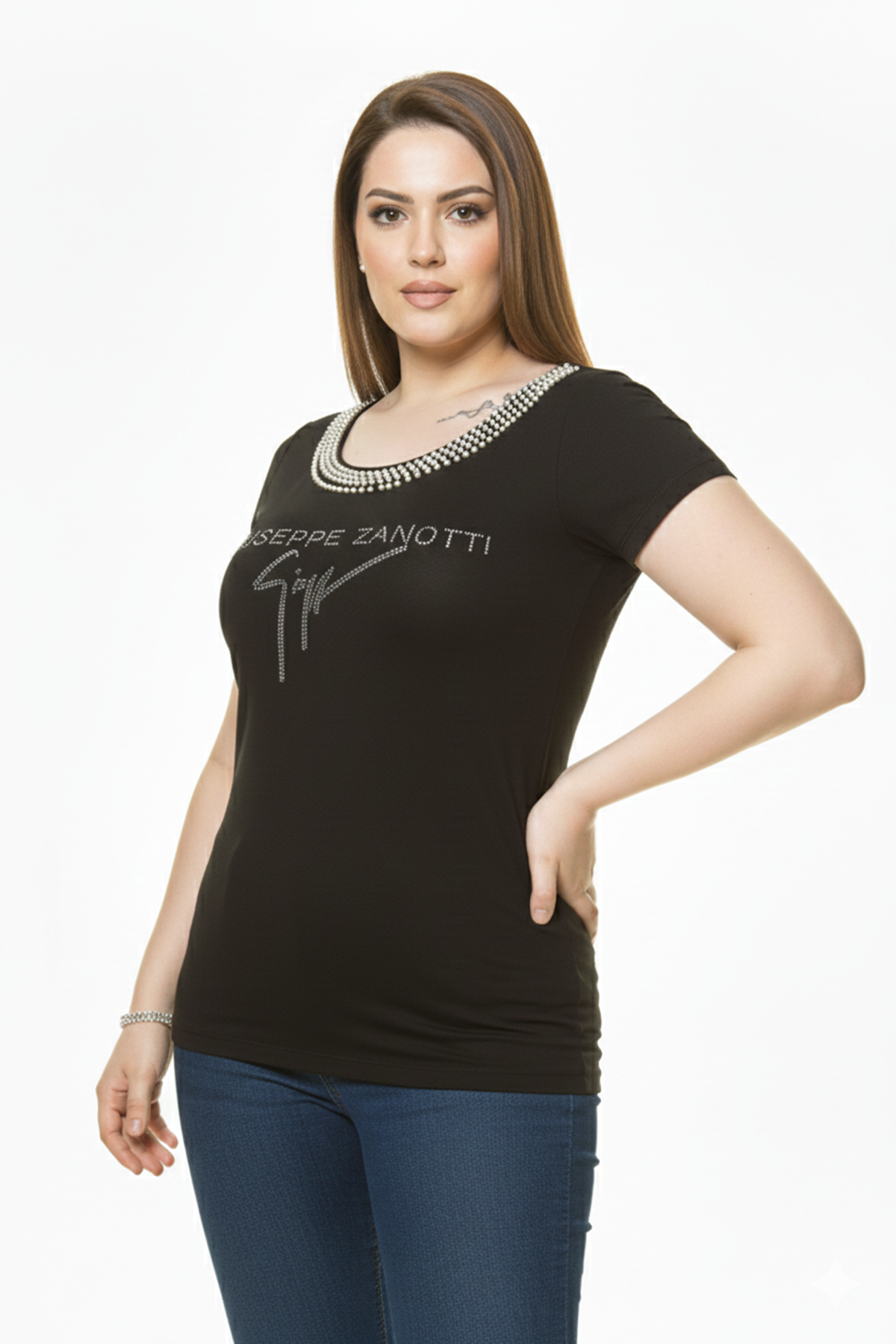 Kadın Büyük Beden Yazlık Kısa Kol Siyah Taş İşlemeli Body 17C-3005