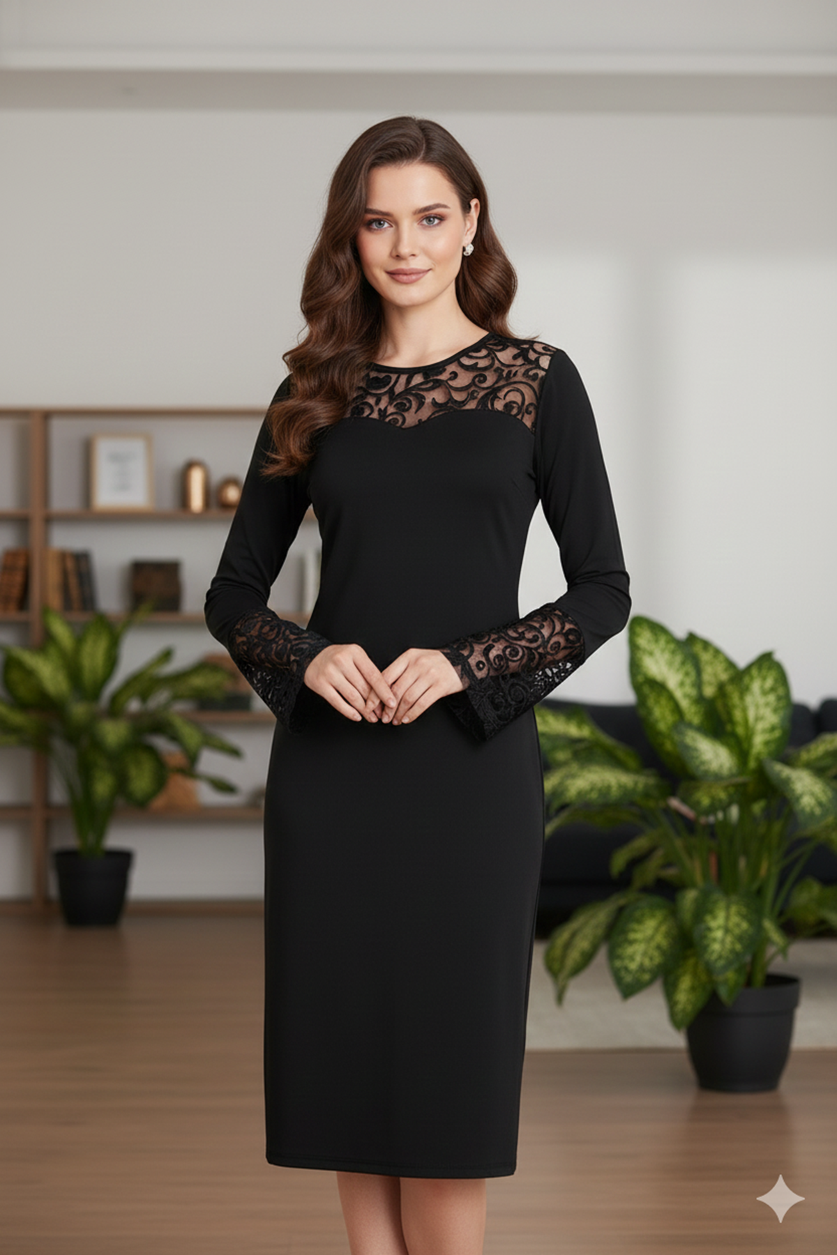 Kadın İspanyol Dantel Kol Siyah Midi Elbise 10C-1097