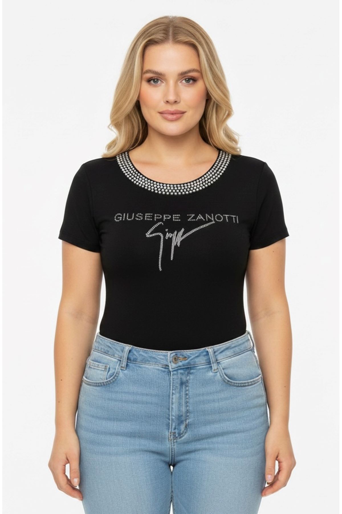 Kadın Büyük Beden Yazlık Kısa Kol Siyah Taş İşlemeli Body Bluz 17C-3005