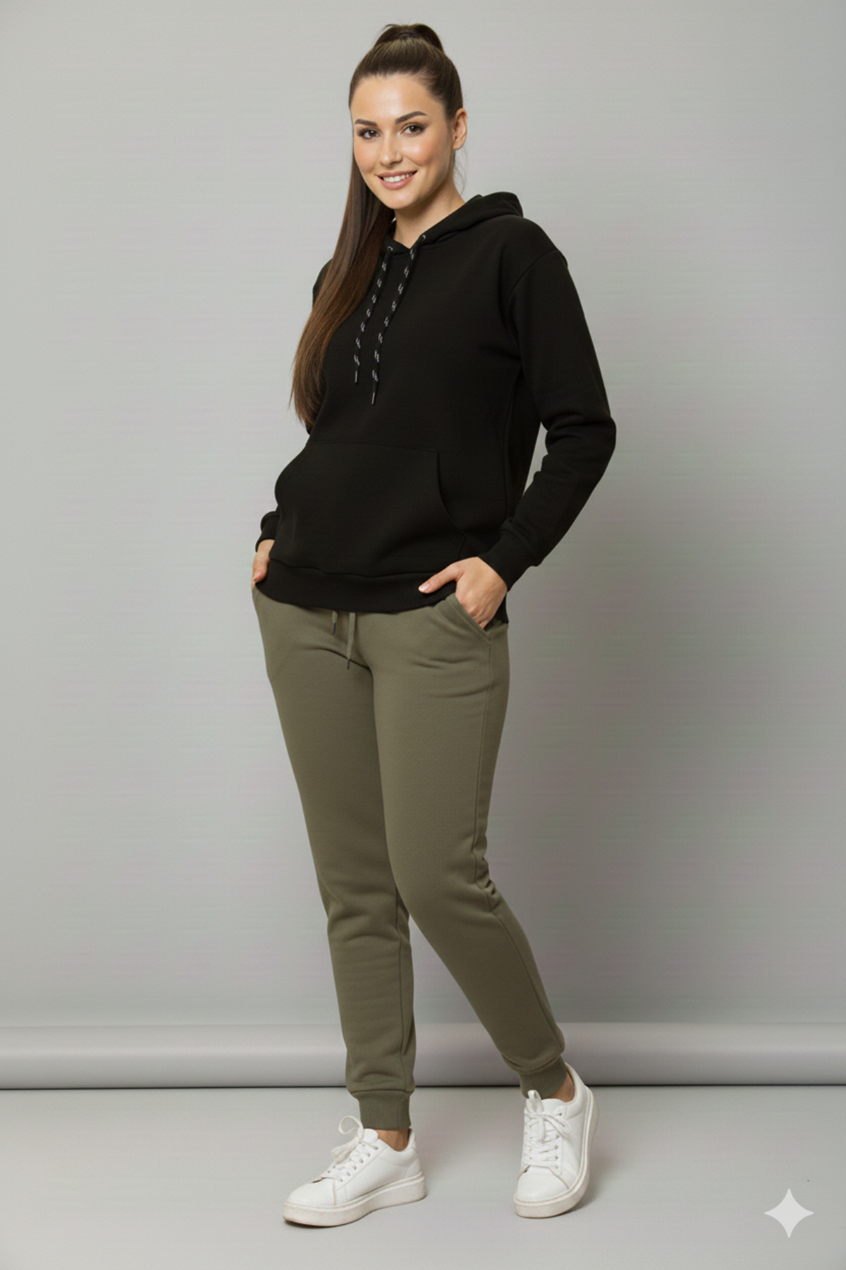 Kadın Siyah Kanguru Cep Kapüşonlu Boyfriend  Sweatshirt 4D-2090