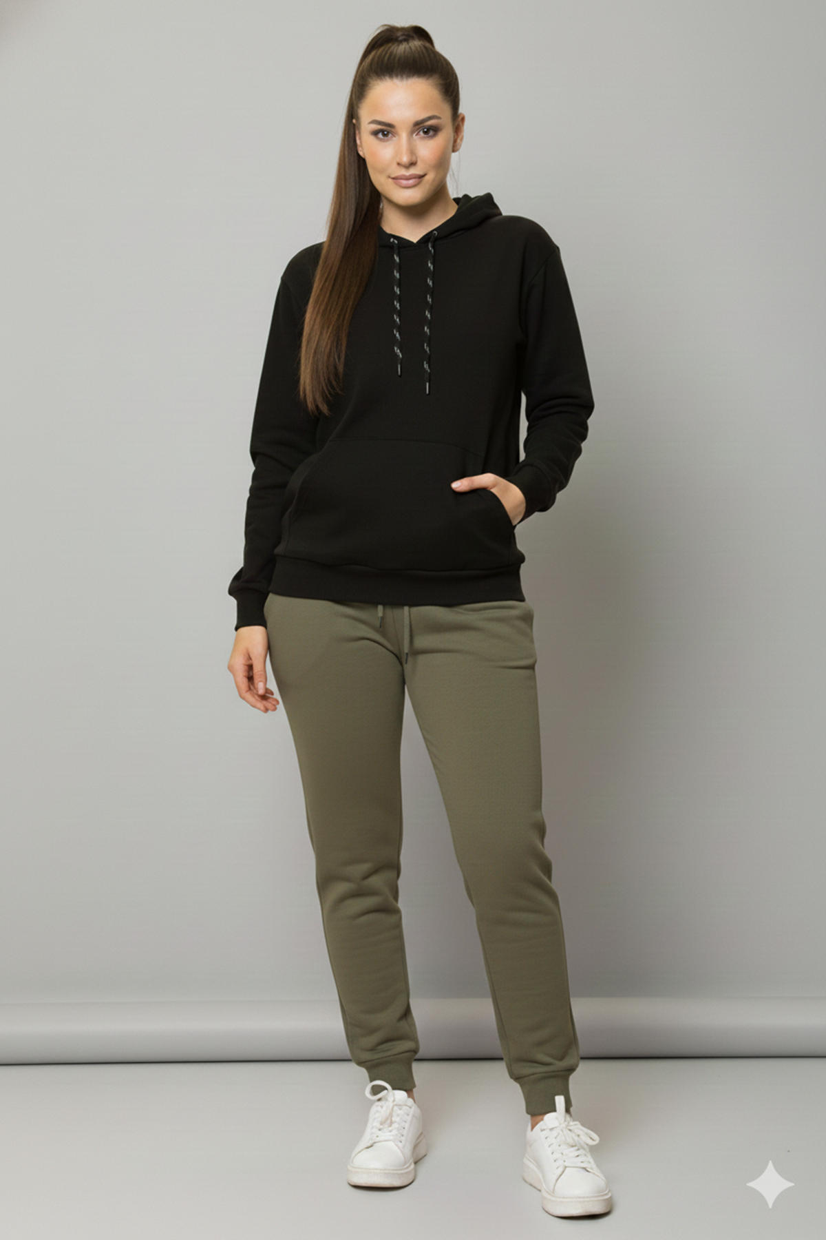 Kadın Siyah Kanguru Cep Kapüşonlu Boyfriend  Sweatshirt 4D-2090