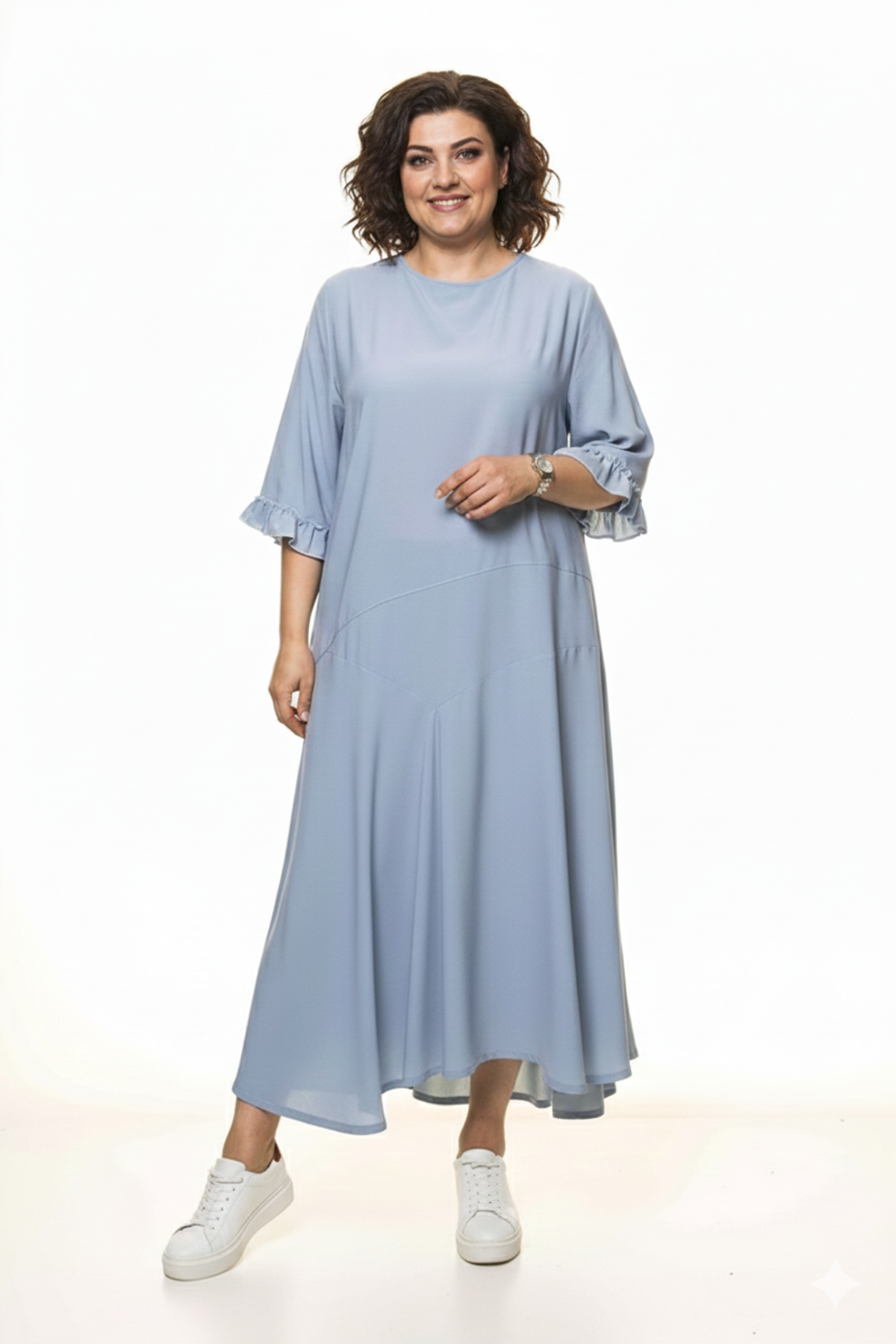 Kadın Büyük Beden Bebe Mavisi Uzun Asimetrik Fırfır Kol  Elbise A3-4044