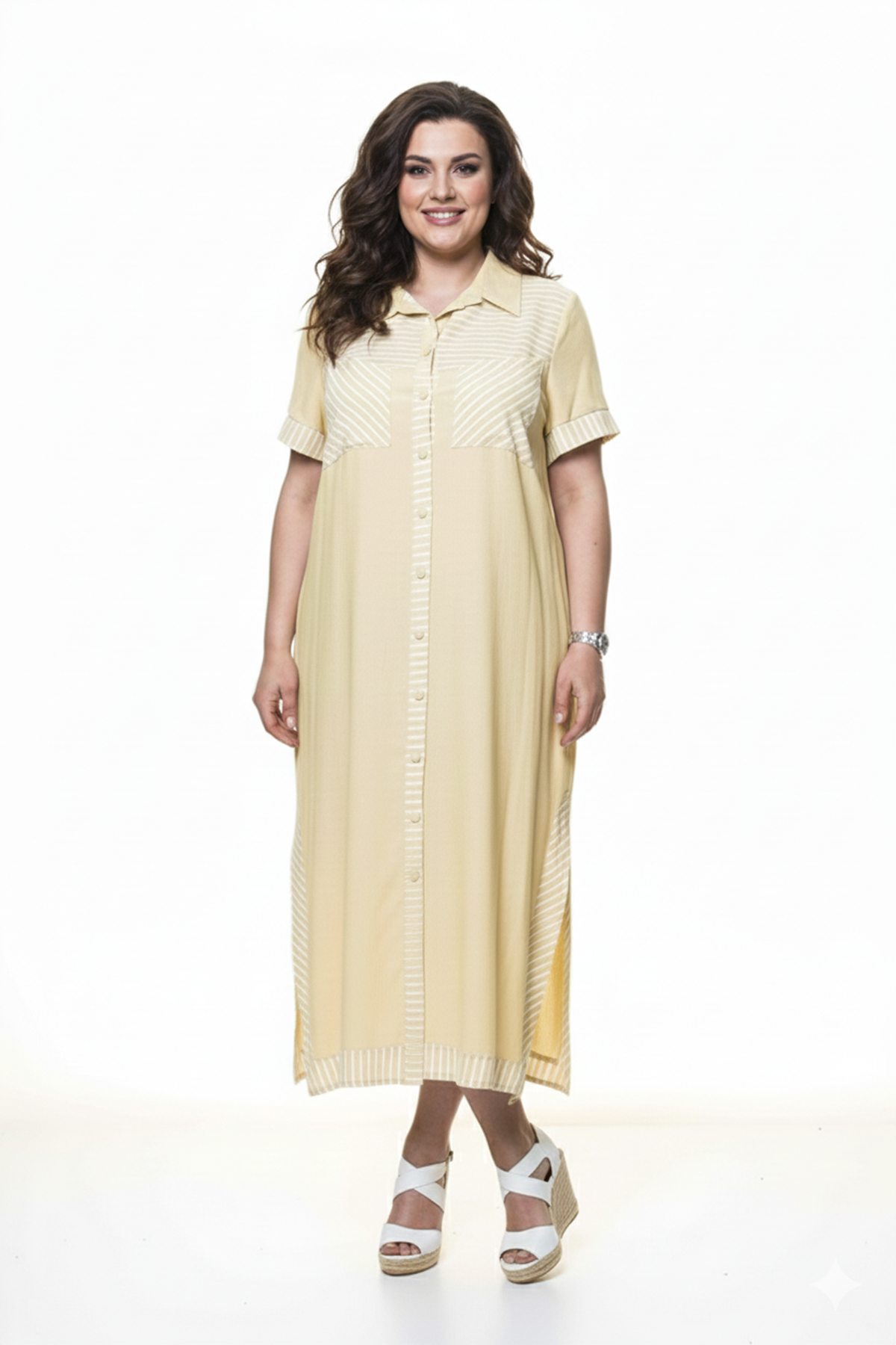 Kadın Büyük Beden Düğmeli Gömlek Yaka Cepli Yazlık Uzun Elbise A3-4032