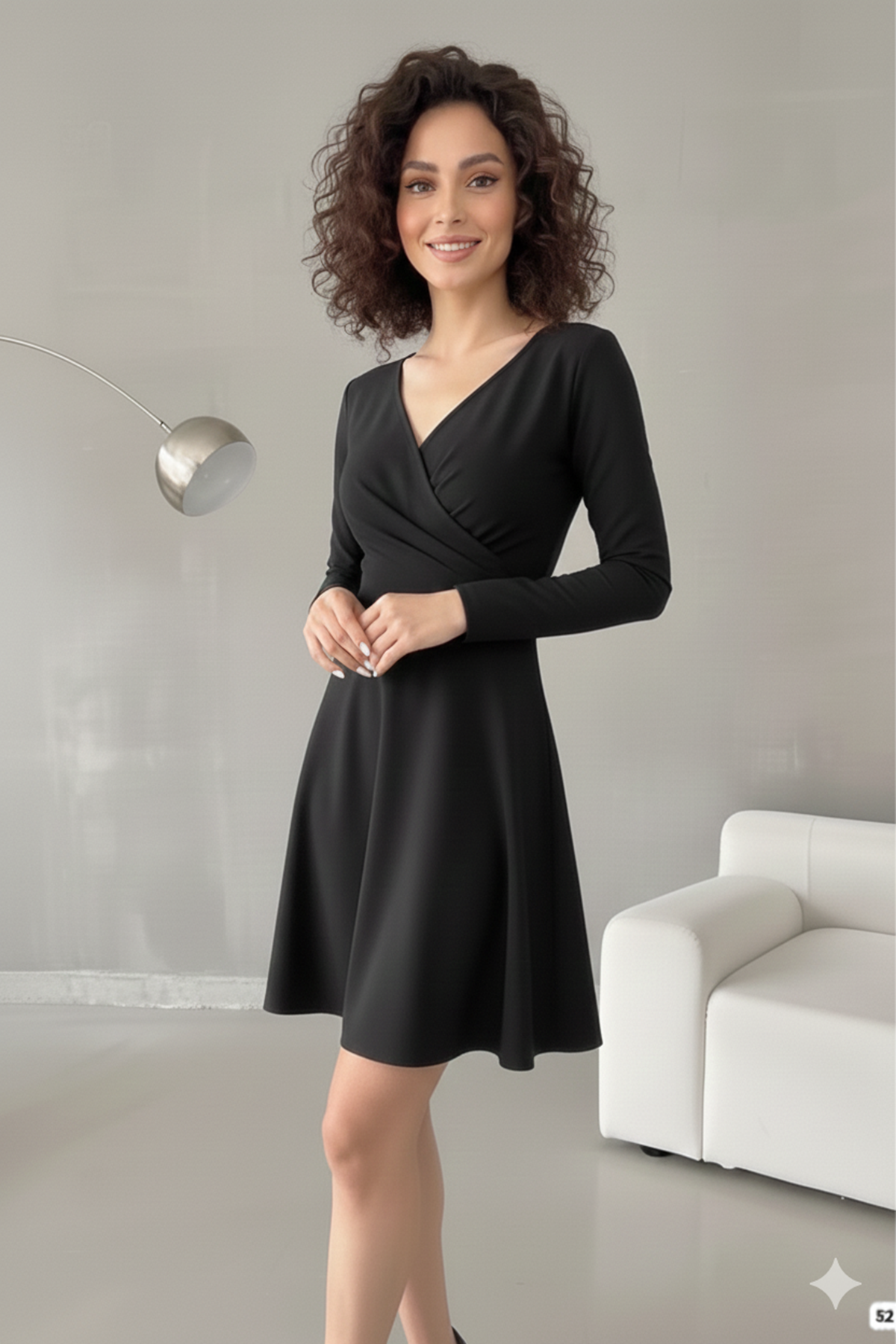 Kadın Siyah Kruvaze Yaka Krep Kumaş Uzun Kol Mini Kloş Elbise 4F-2361