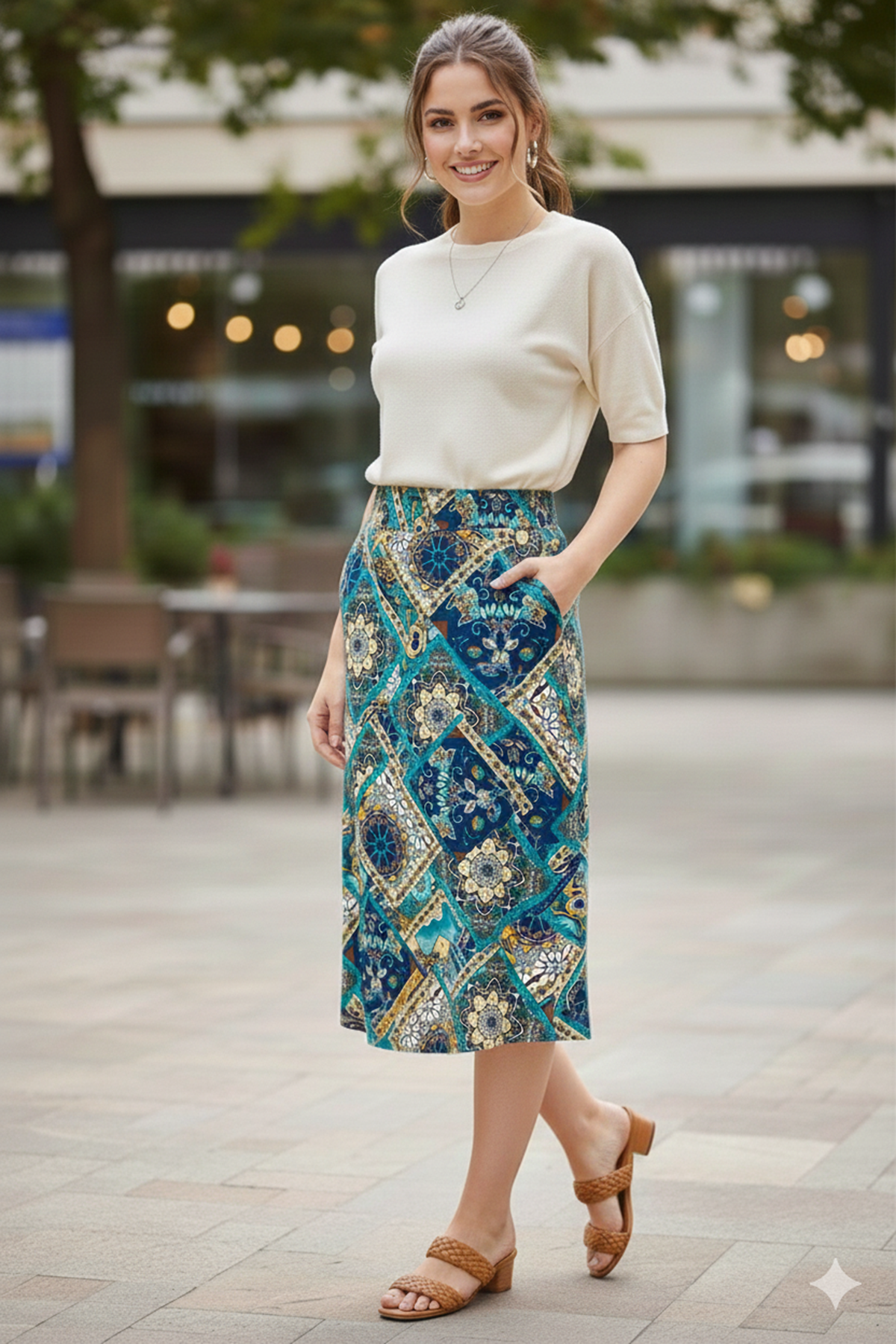 Kadın Yazlık Renkli Yeşil Cepli Dizaltı Etek 12D-5070