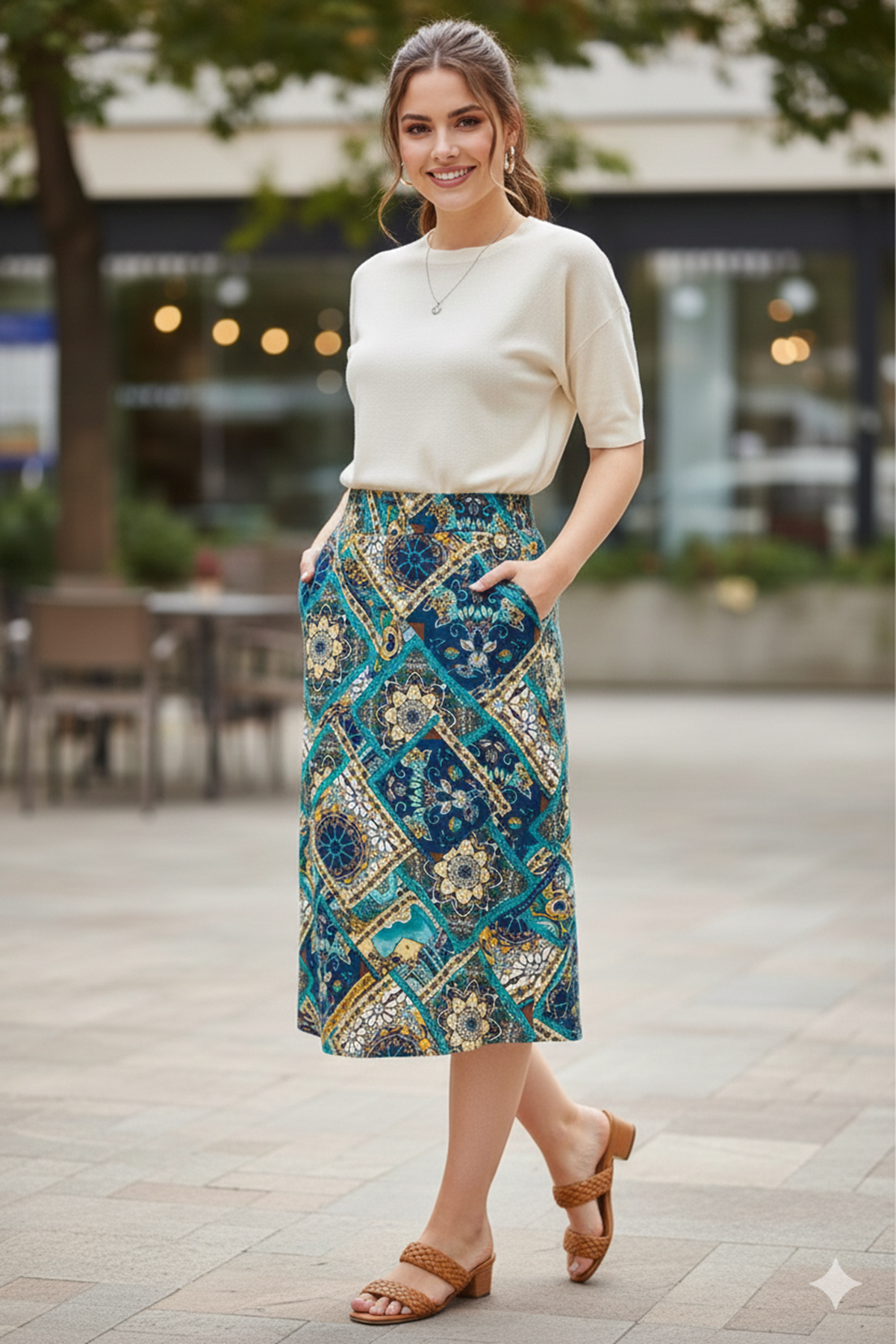 Kadın Yazlık Renkli Yeşil Cepli Dizaltı Etek 12D-5070