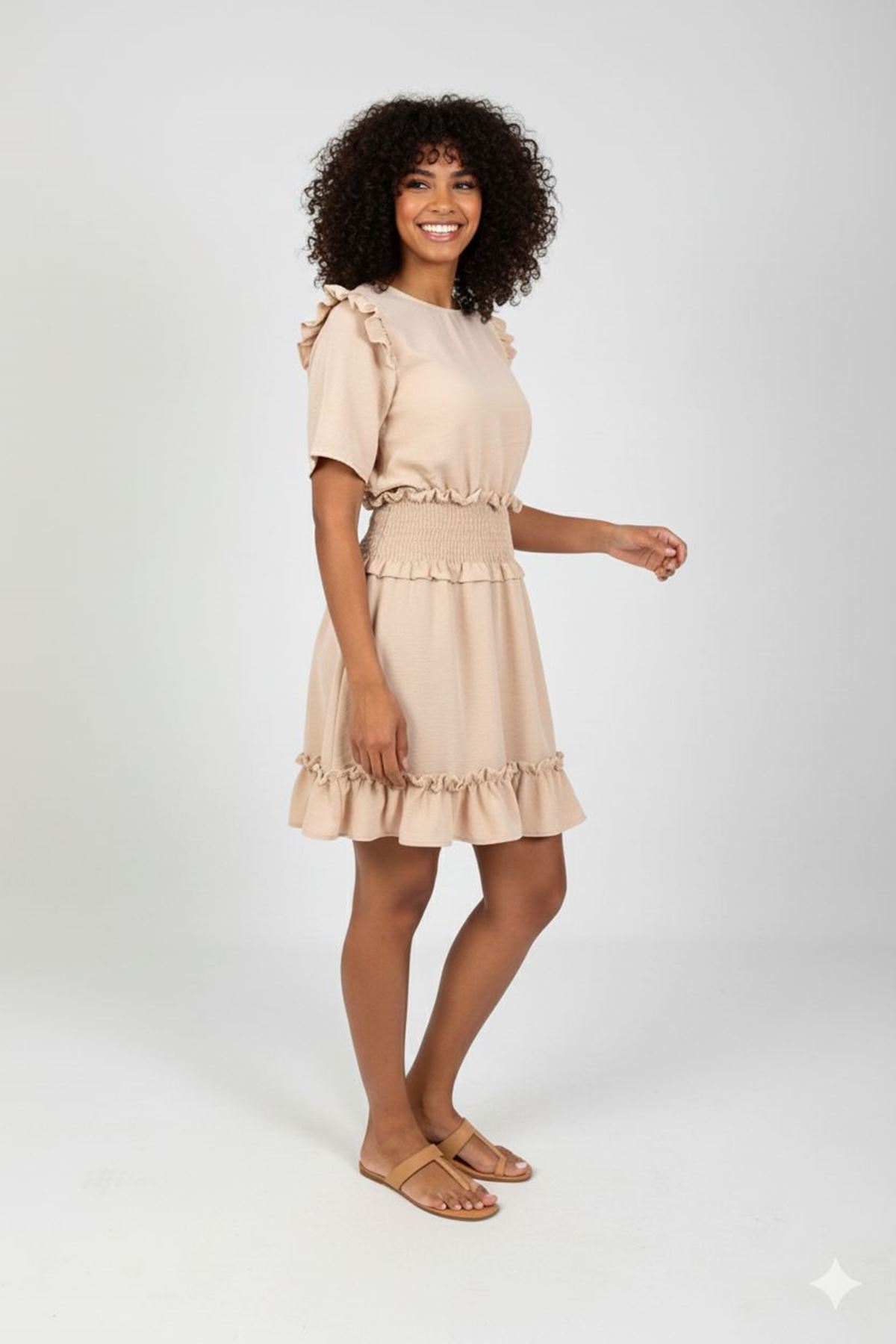 Kadın Yazlık Aerobin Kumaş Beli Gipeli Kısa Kollu Bej Mini Elbise 12A-5060