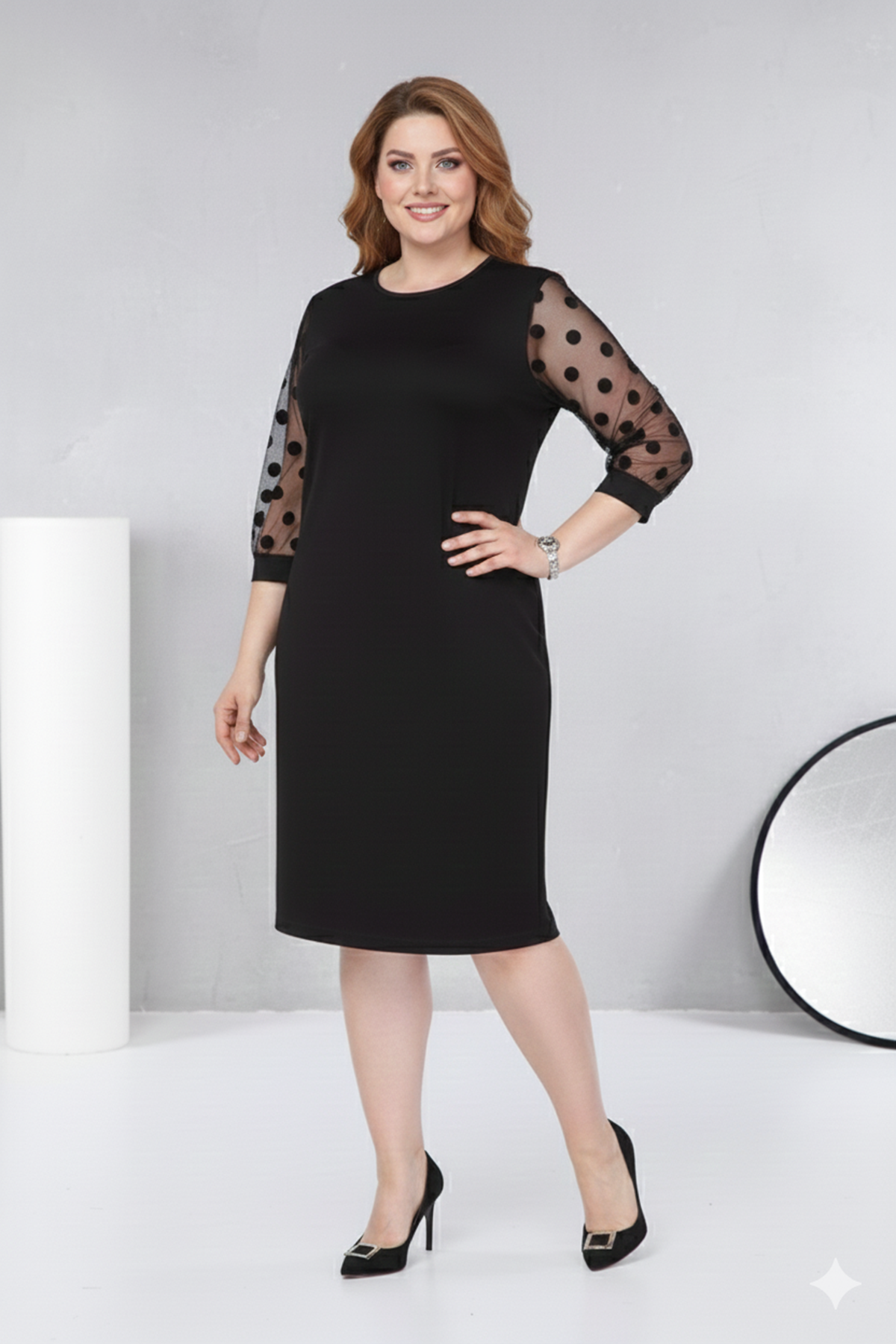Kadın Büyük Beden Siyah Puantiye Kol Midi Boy Elbise 12A-2312