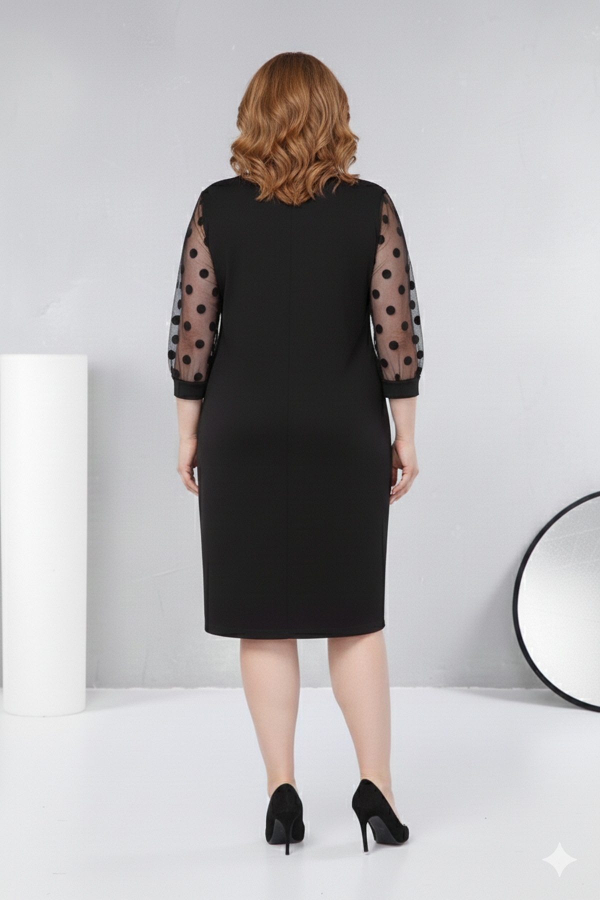 Kadın Büyük Beden Siyah Puantiye Kol Midi Boy Elbise 12A-2312