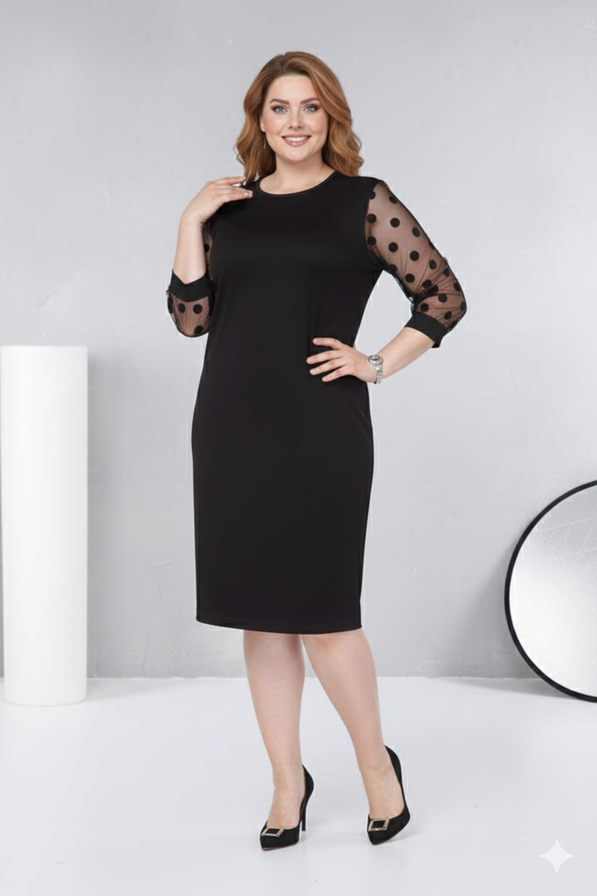 Kadın Büyük Beden Siyah Puantiye Kol Midi Boy Elbise 12A-2312
