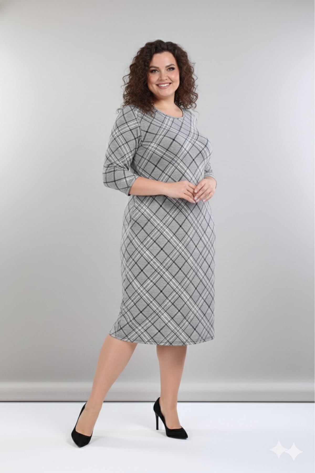 Kadın Büyük Beden Kışlık Desenli Midi Boy Bisiklet Yaka Cepli Elbise 12M-2363