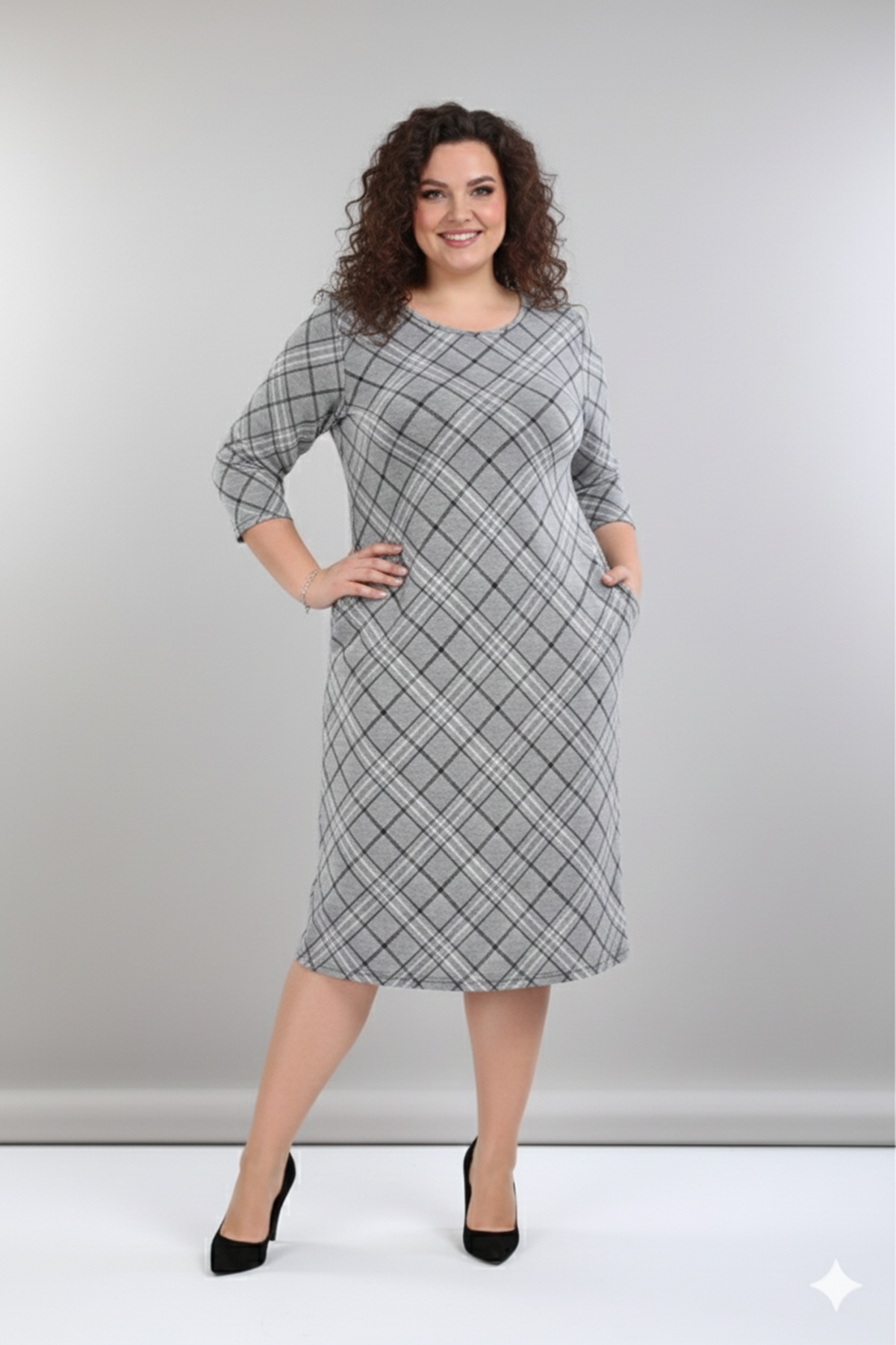 Kadın Büyük Beden Kışlık Desenli Midi Boy Bisiklet Yaka Cepli Elbise 12M-2363