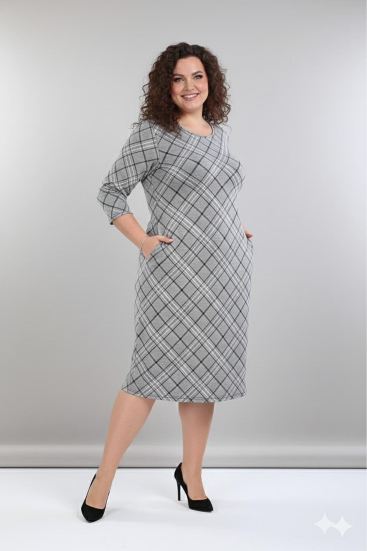 Kadın Büyük Beden Kışlık Desenli Midi Boy Bisiklet Yaka Cepli Elbise 12M-2363