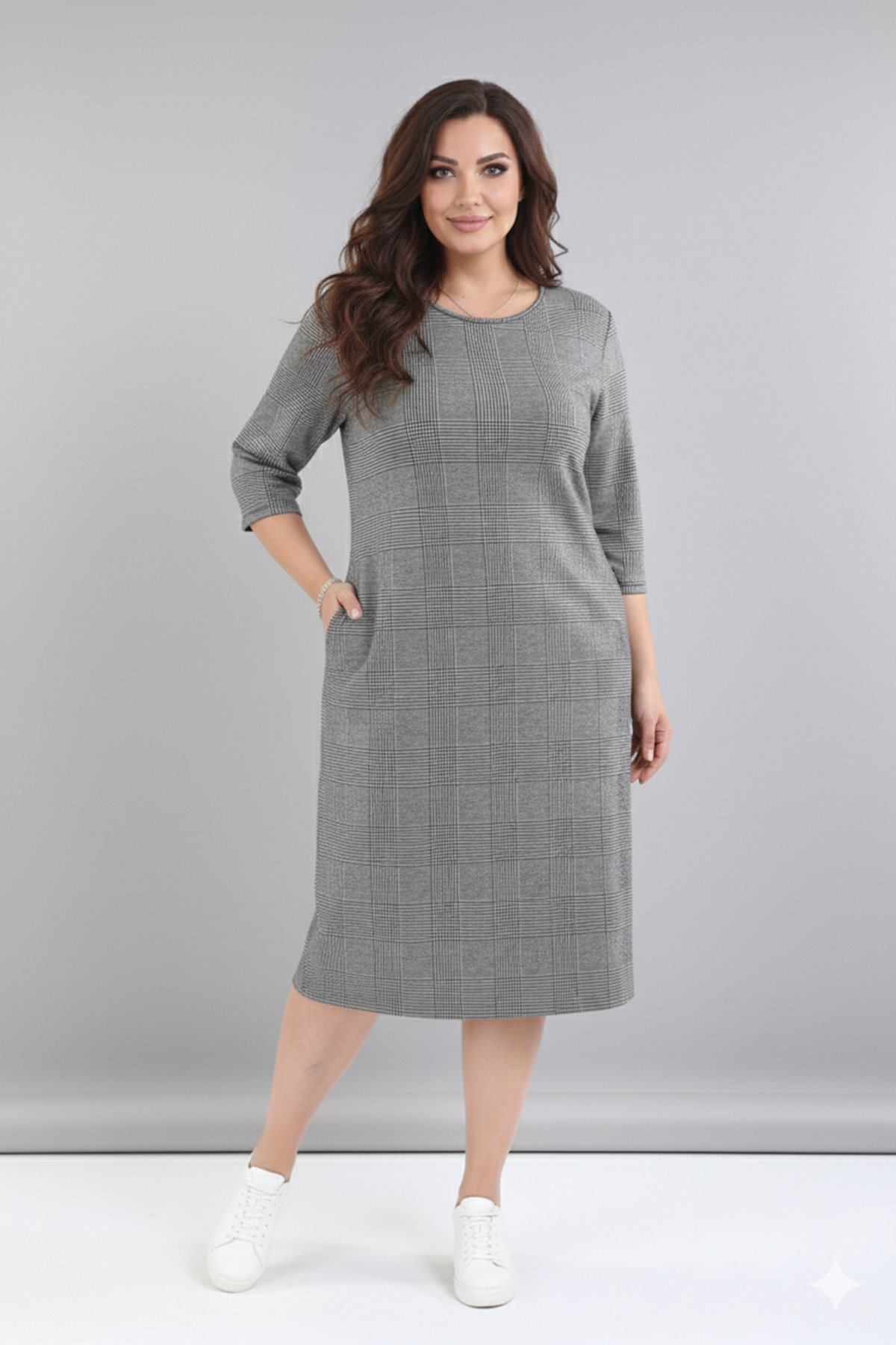 Kadın Büyük Beden Kışlık Desenli Midi Boy Bisiklet Yaka Cepli Elbise 12M-2364