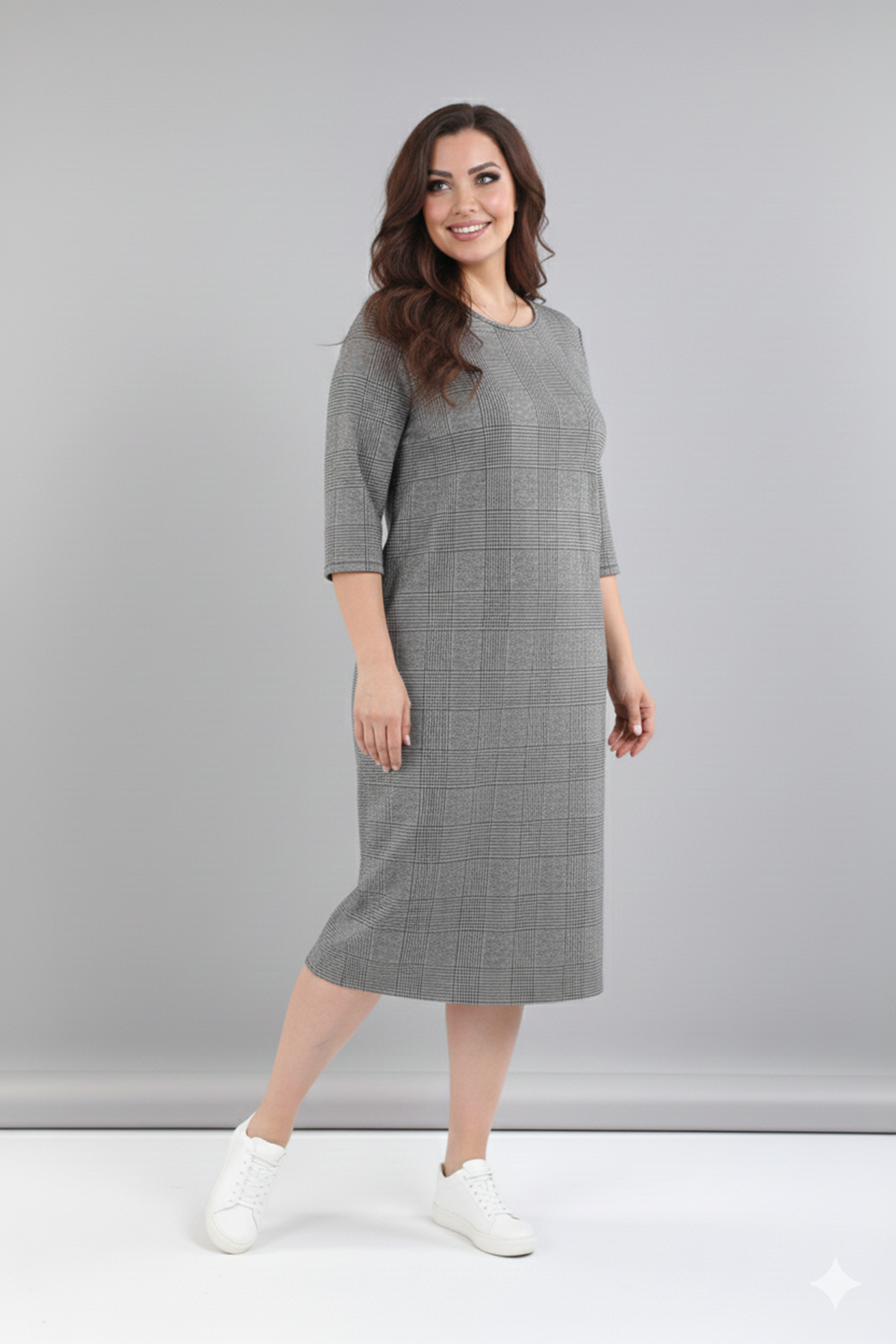 Kadın Büyük Beden Kışlık Desenli Midi Boy Bisiklet Yaka Cepli Elbise 12M-2364