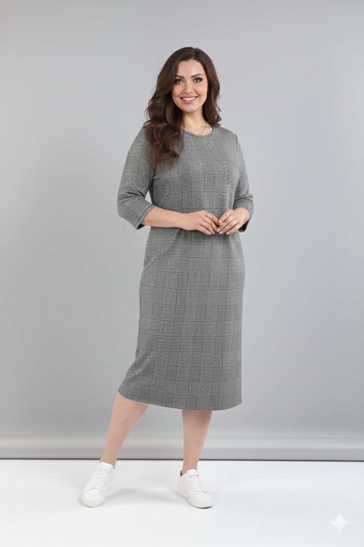 Kadın Büyük Beden Kışlık Desenli Midi Boy Bisiklet Yaka Cepli Elbise 12M-2364