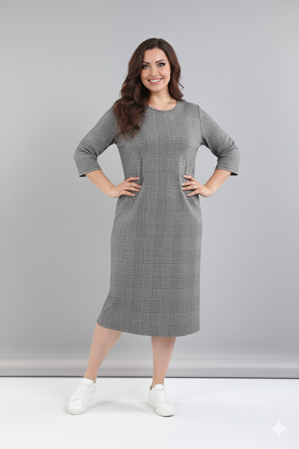 Kadın Büyük Beden Kışlık Desenli Midi Boy Bisiklet Yaka Cepli Elbise 12M-2364