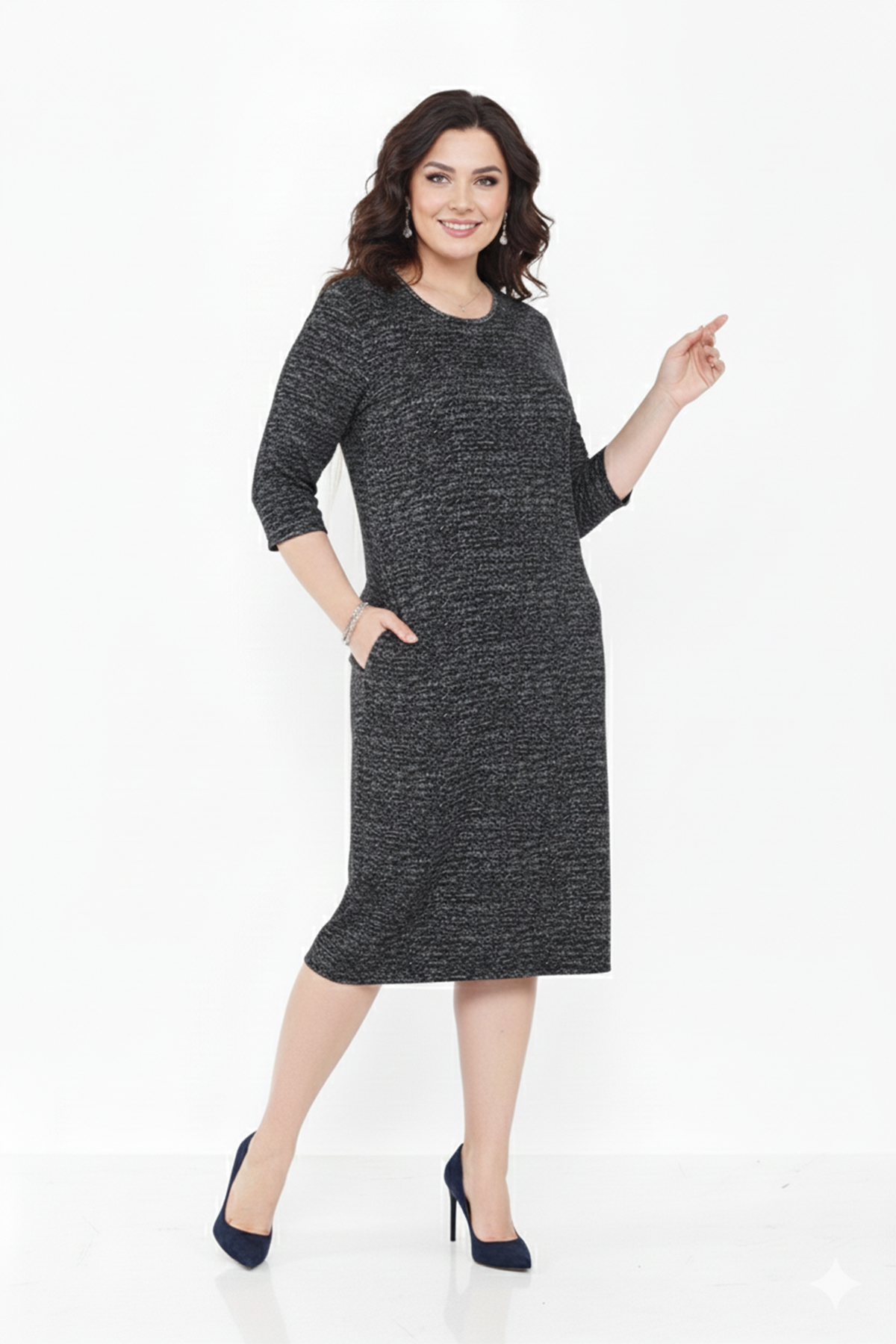 Kadın Büyük Beden Kışlık Midi Boy Bisiklet Yaka Cepli Elbise 12M-2365