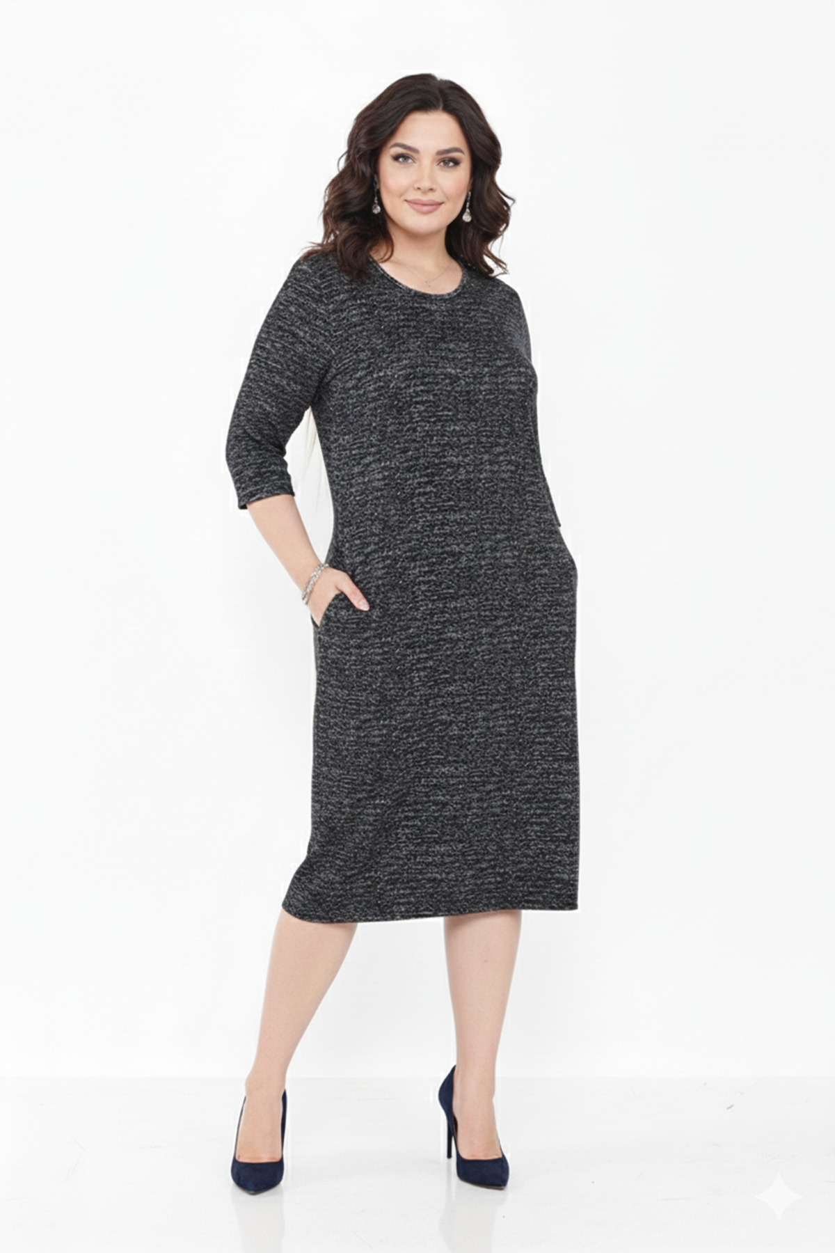 Kadın Büyük Beden Kışlık Midi Boy Bisiklet Yaka Cepli Elbise 12M-2365