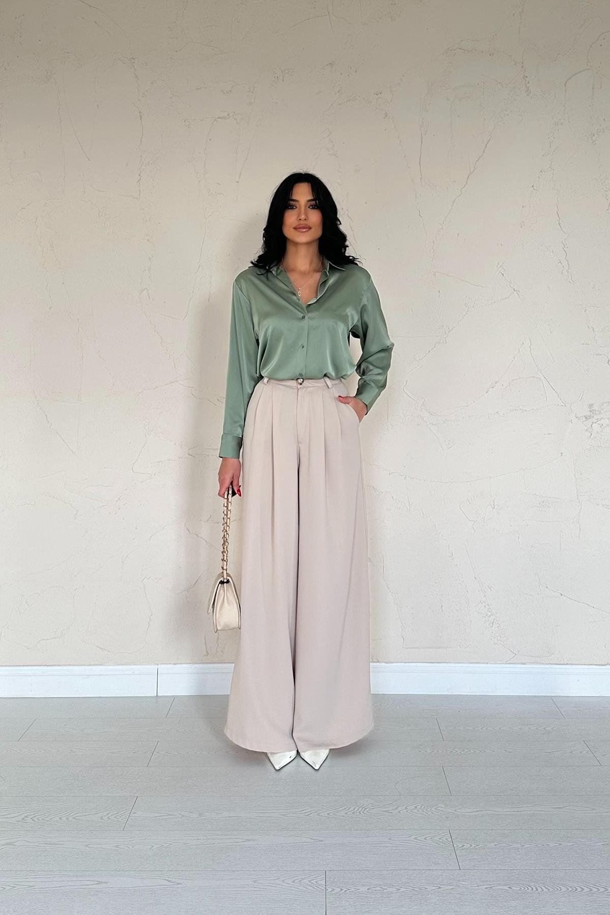 Kadın Mint Yeşil Uzun Kol Saten Gömlek 18A-6777