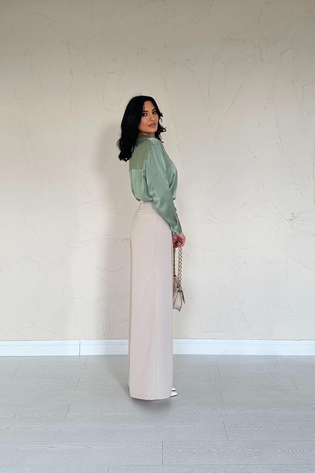 Kadın Mint Yeşil Uzun Kol Saten Gömlek 18A-6777