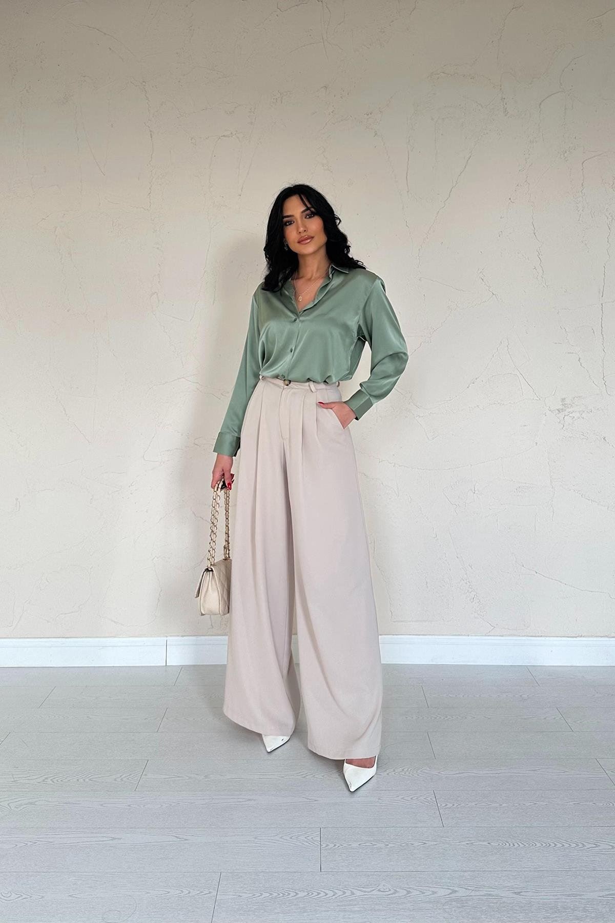 Kadın Mint Yeşil Uzun Kol Saten Gömlek 18A-6777