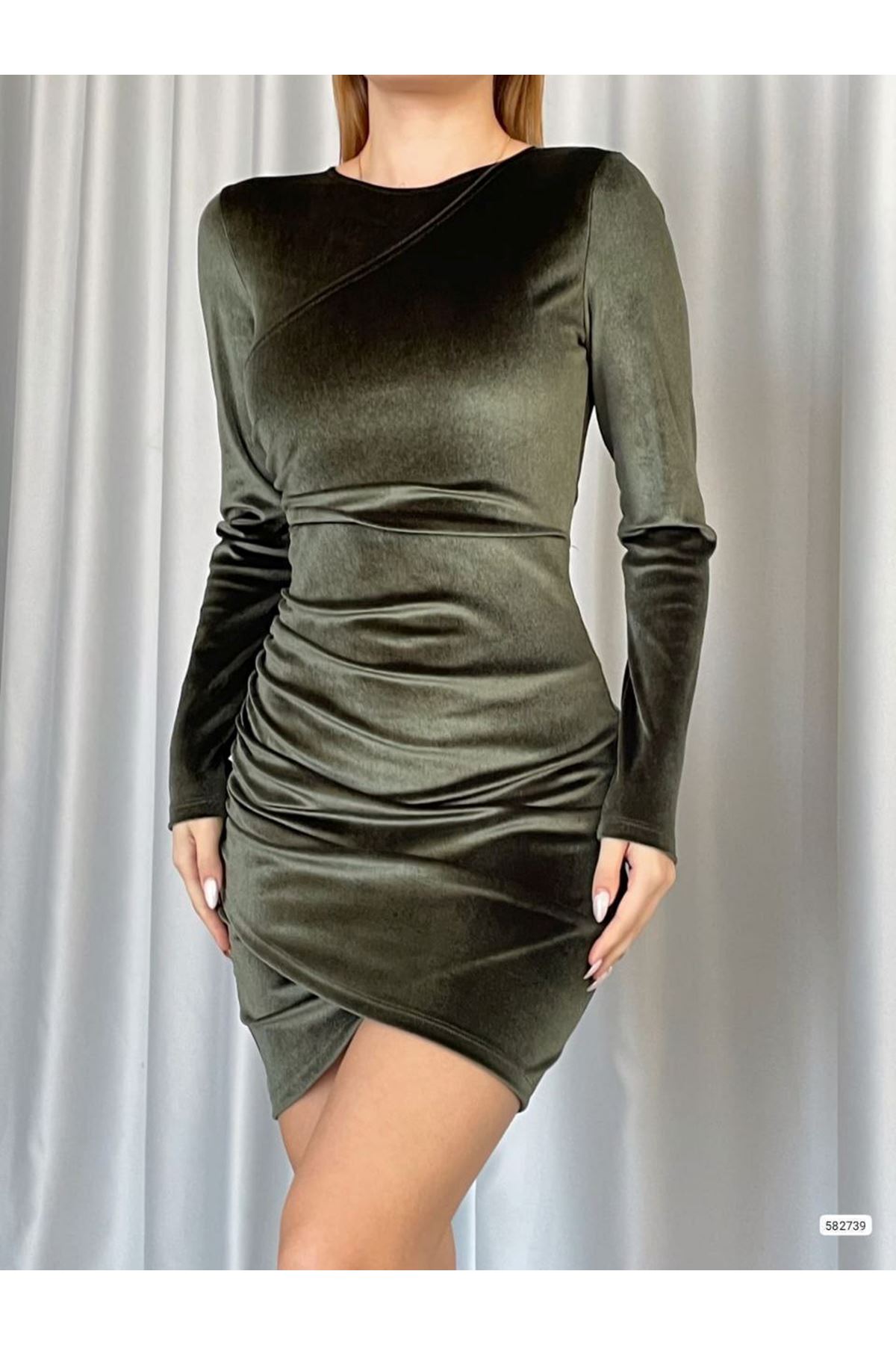 Kadın Haki Yeşil Kadife Asimetrik Kesim Mini Elbise 14C-2188