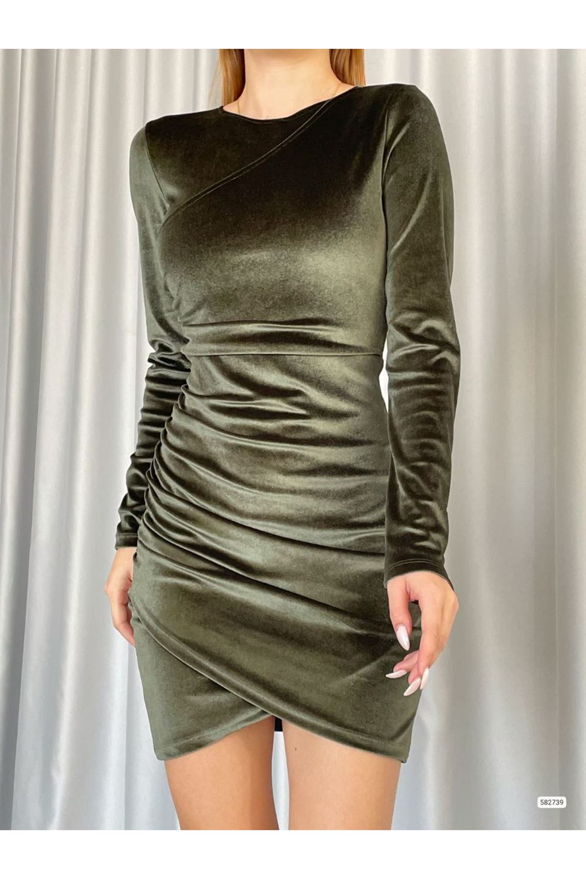 Kadın Haki Yeşil Kadife Asimetrik Kesim Mini Elbise 14C-2188