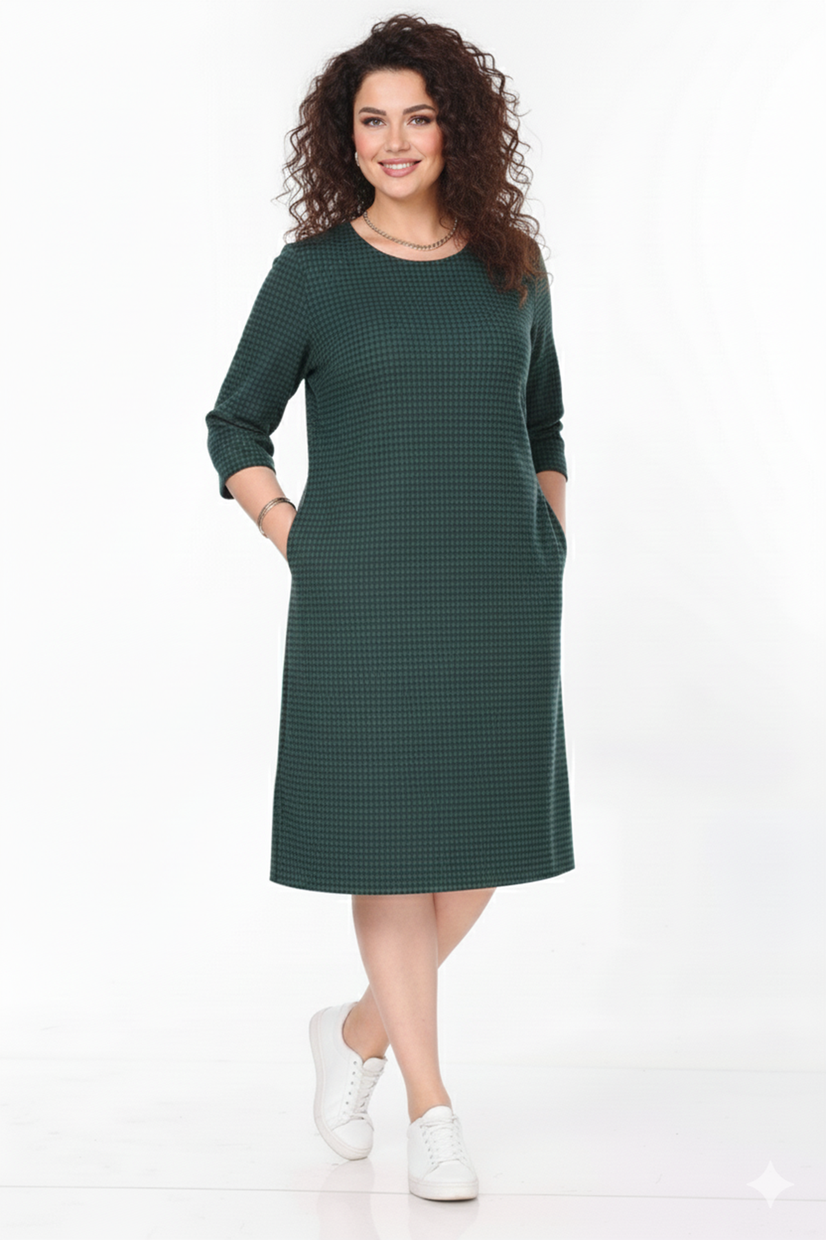 Kadın Büyük Beden Kışlık Desenli Midi Boy Bisiklet Yaka Cepli Elbise 12M-2368