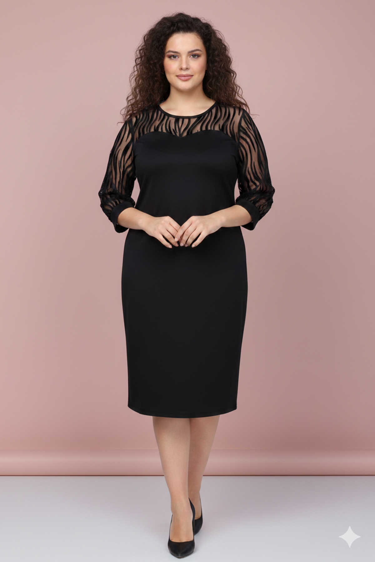 Kadın Büyük Beden Siyah Tül Yaka Truvakar Kol Midi Boy Elbise 12M-2369