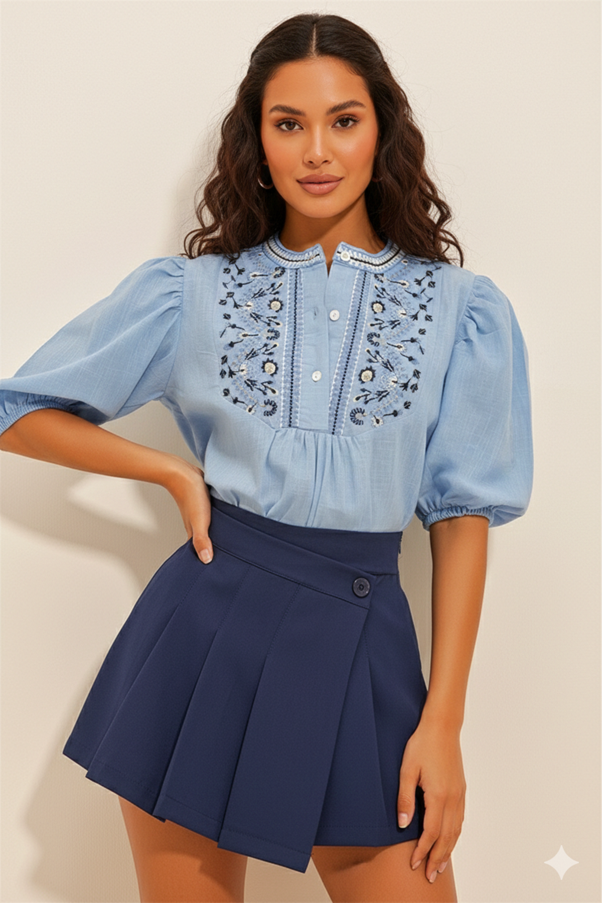 Kadın Bebe Mavi Düğmeli Nakış İşlemeli Balon Kol Poplin Bluz G1-2370