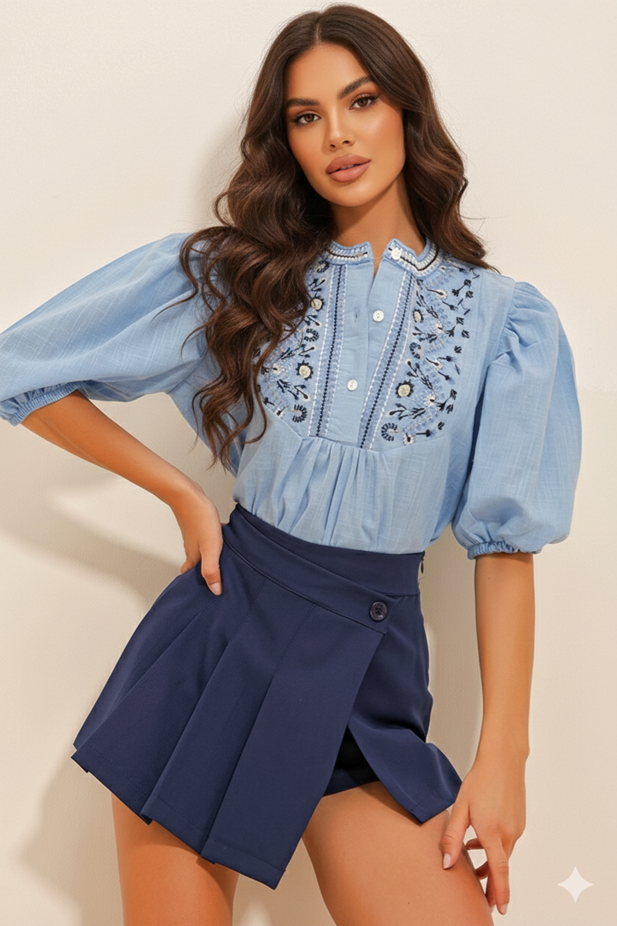 Kadın Bebe Mavi Düğmeli Nakış İşlemeli Balon Kol Poplin Bluz G1-2370