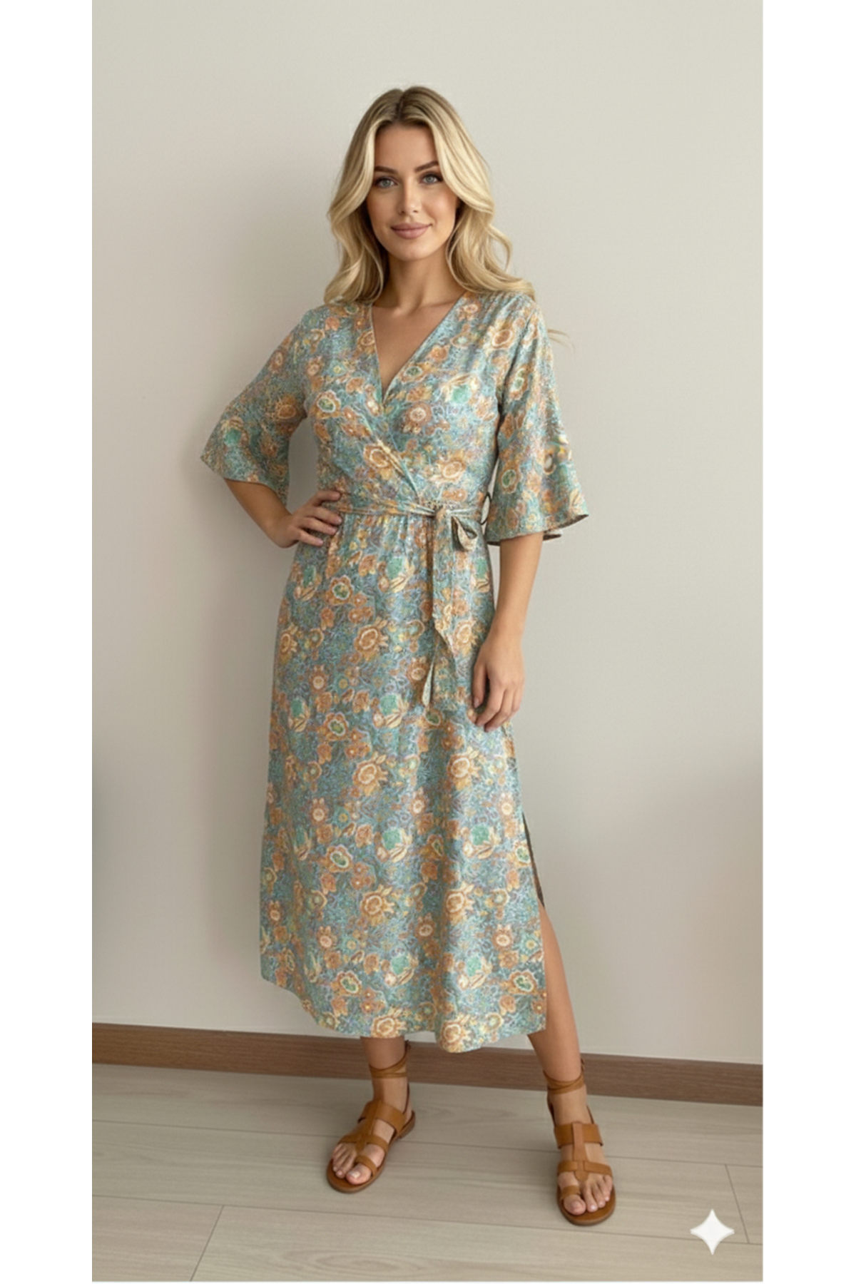 Kadın Pastel Yazlık Kruvaze Yaka Desenli Bilek Boy Yırtmaçlı Elbise  3E-2242