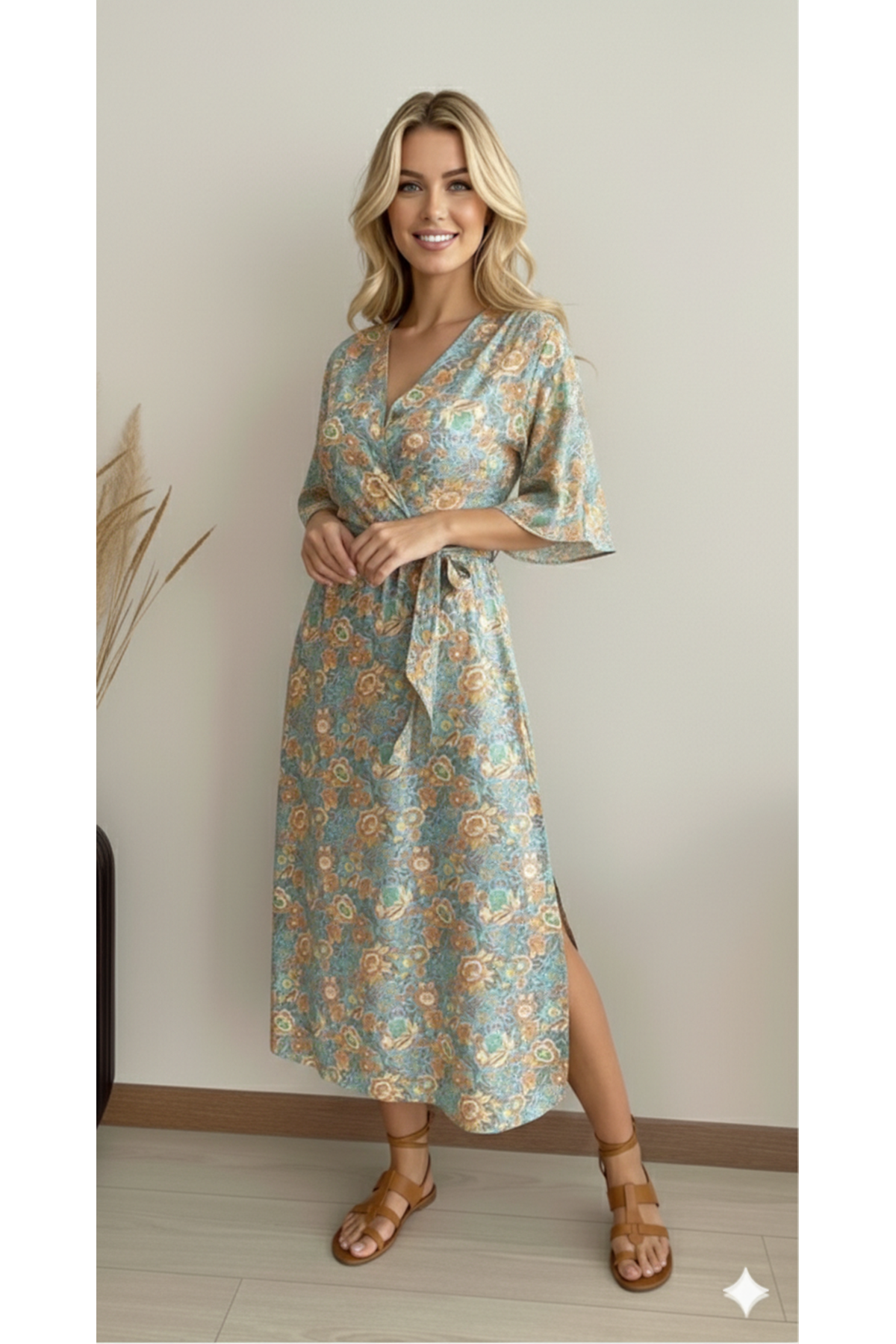 Kadın Pastel Yazlık Kruvaze Yaka Desenli Bilek Boy Yırtmaçlı Elbise  3E-2242